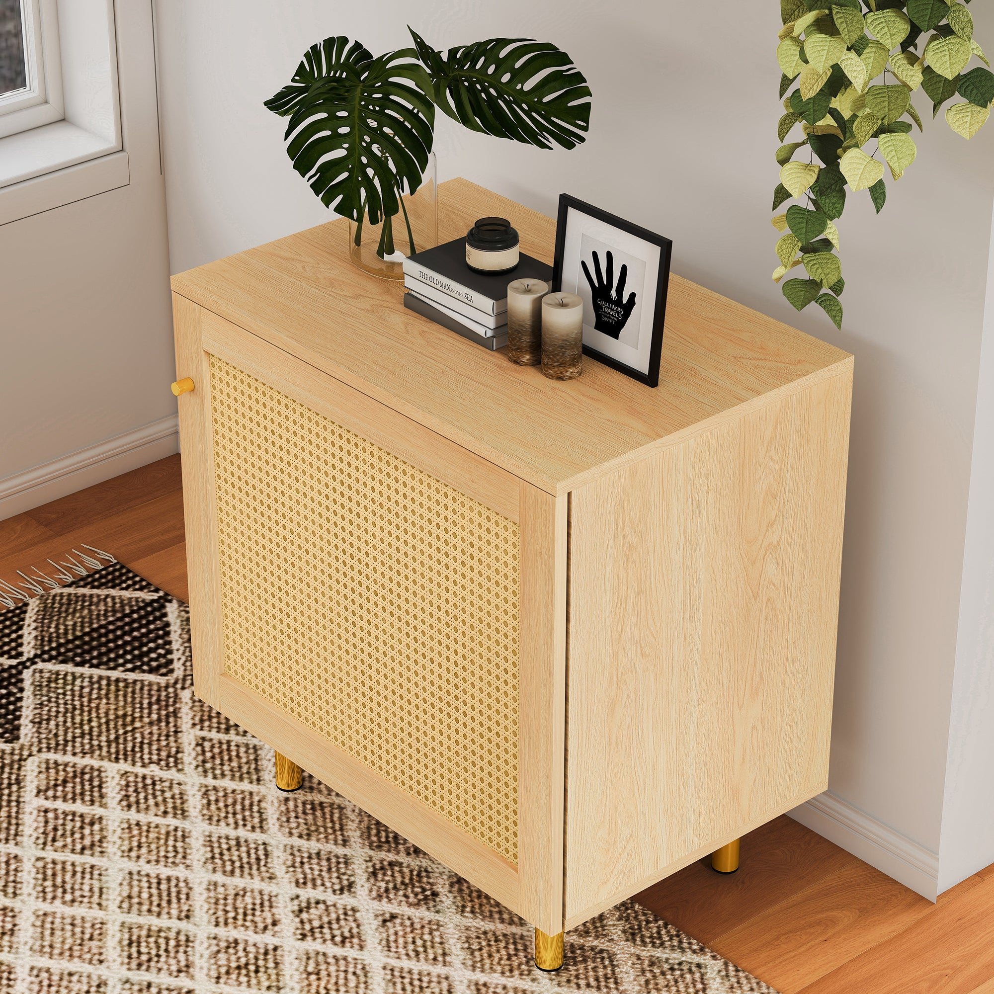 Wicker Nightstand Single Door Rustic Natural Wood Look