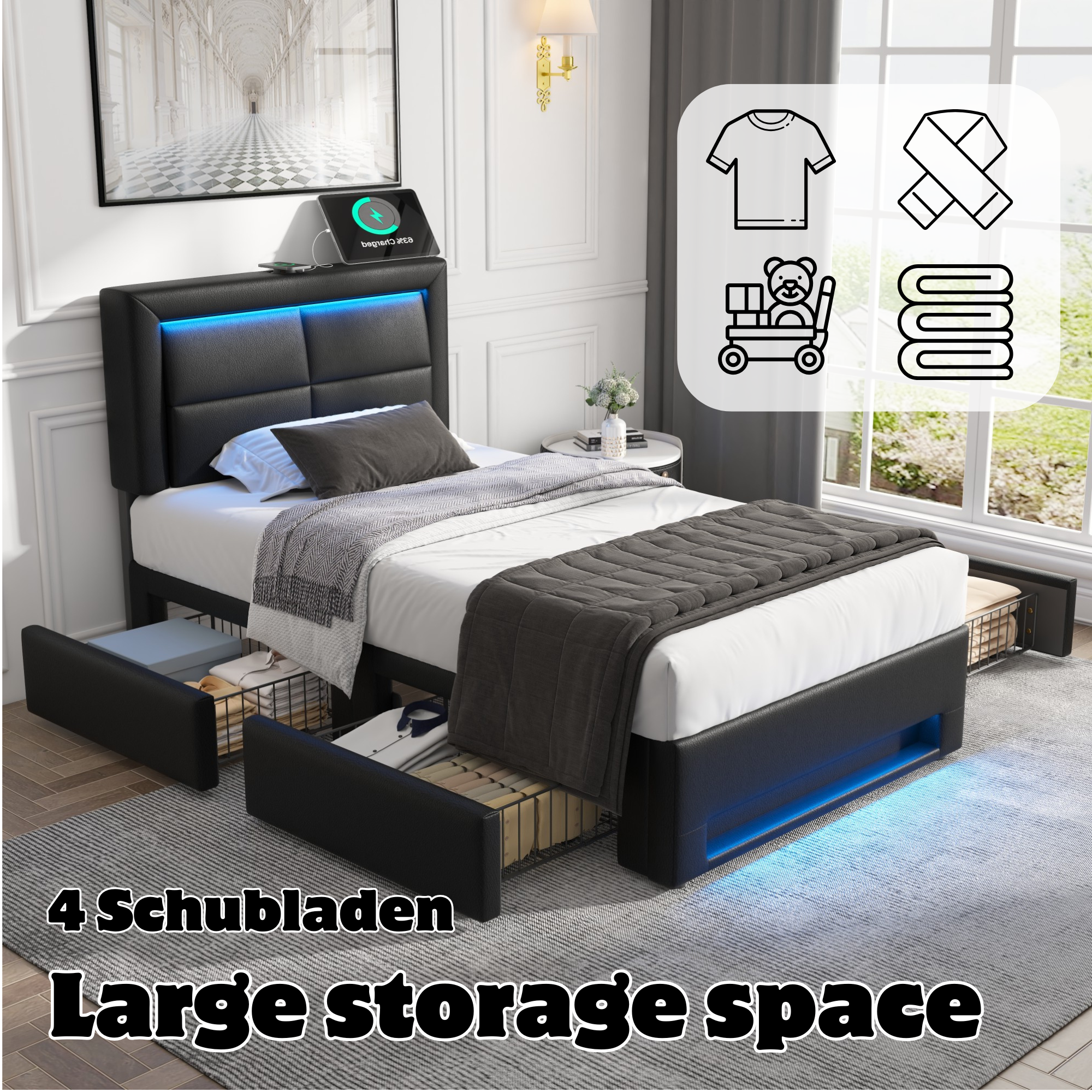 Upholstered Bed 90x190cm USB Charging LED Lighting 4 Drawers - PU Lychee Black