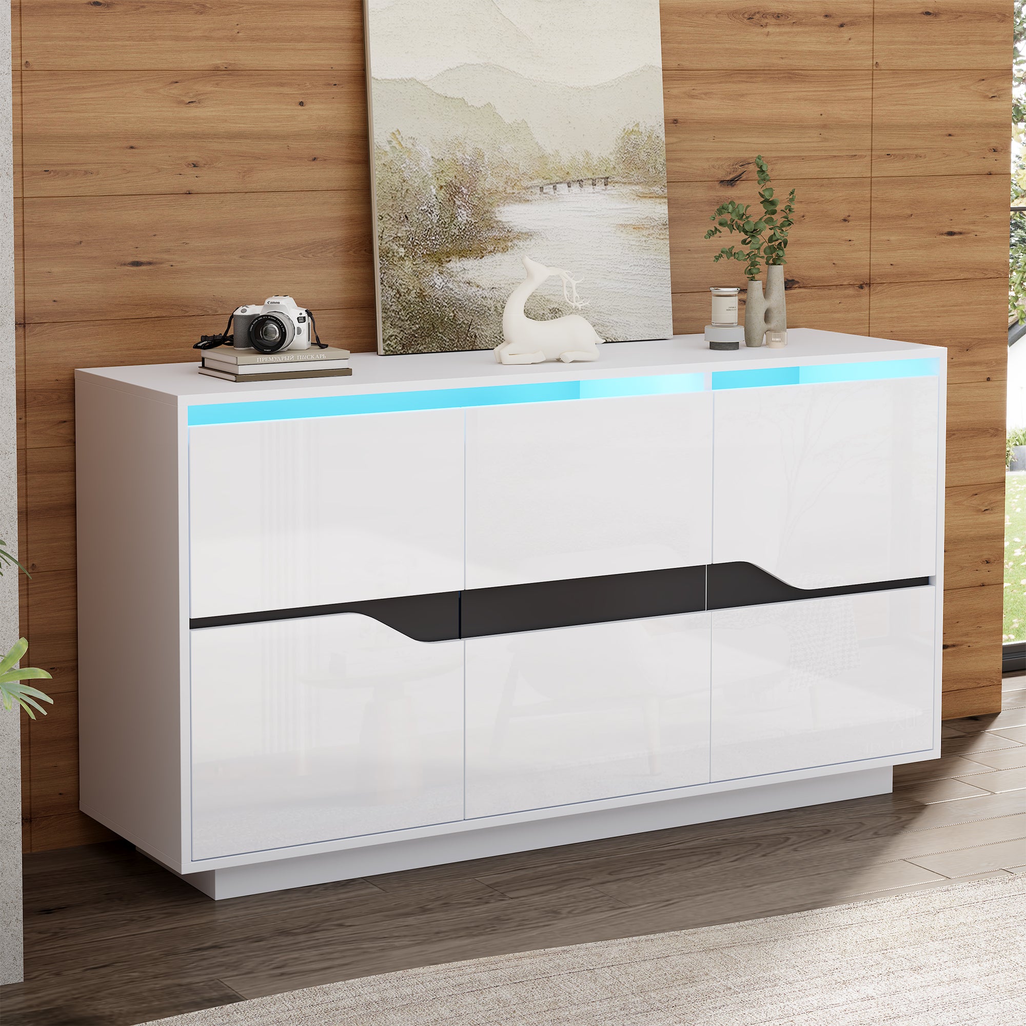 Sideboard, Living Room 140x40x76cm with 3 Doors, Adjustable Dividers, LED, White & Black