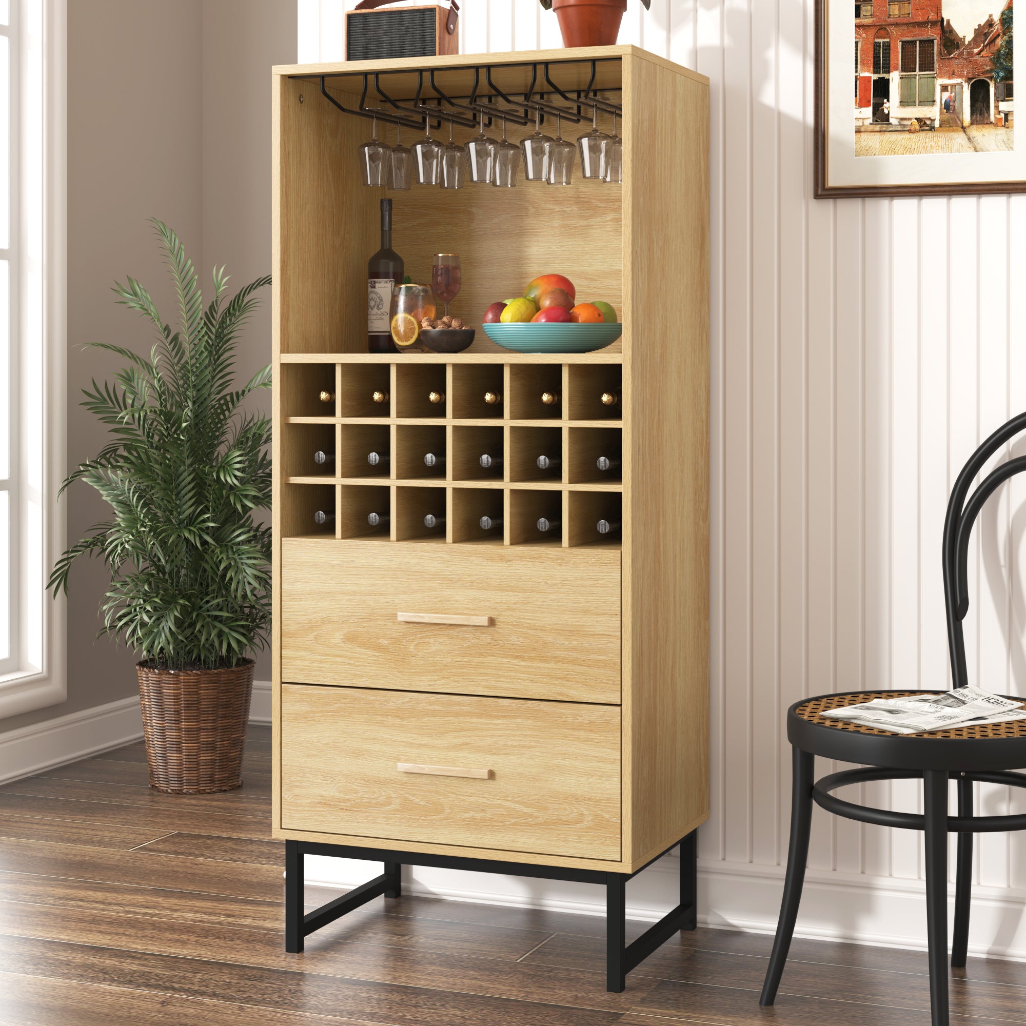 Wine Cabinet 2 Drawers 18 Compartments Glass Holder Matte Black Metal