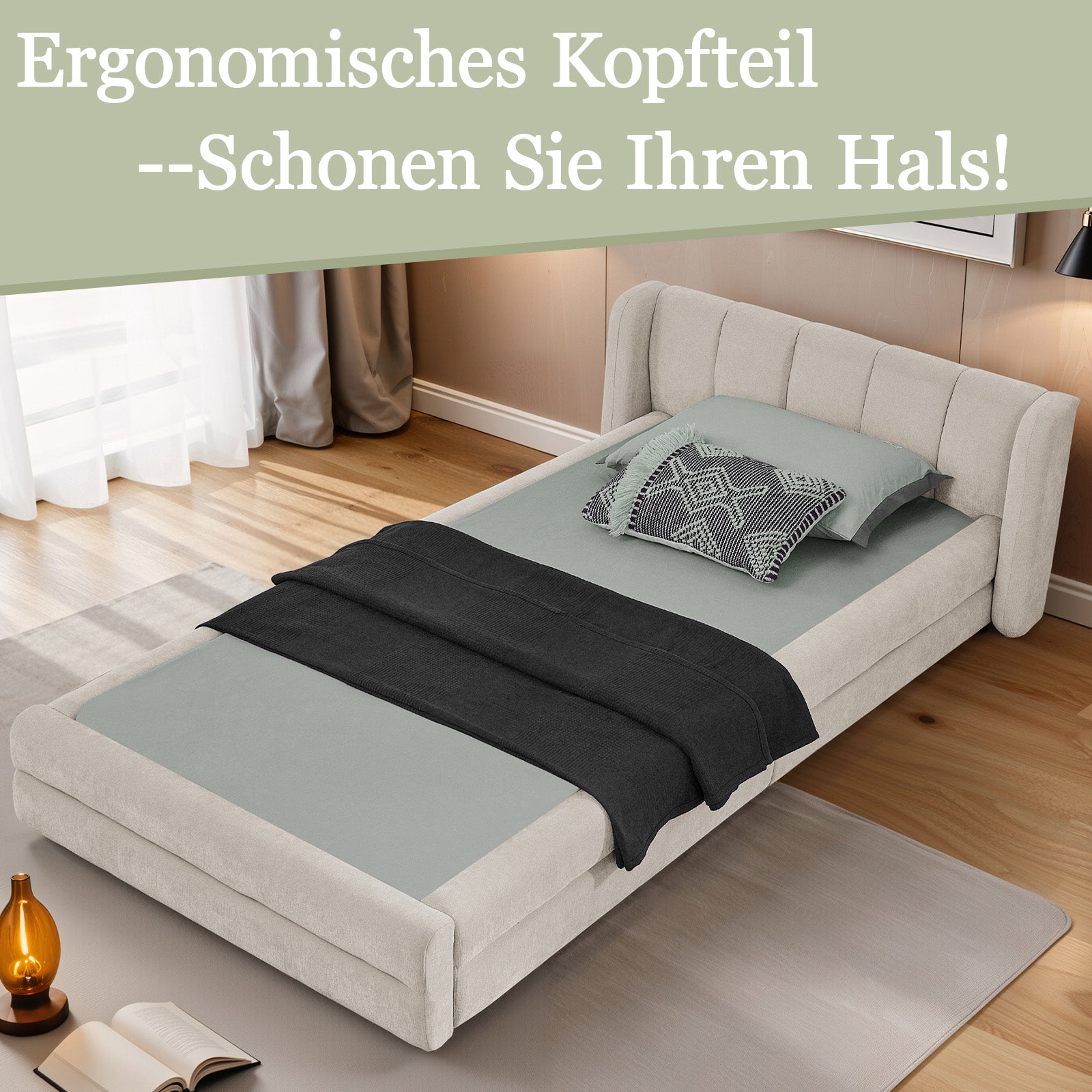 Single Bed 90x200cm Comfortable Headboard Chenille Beige