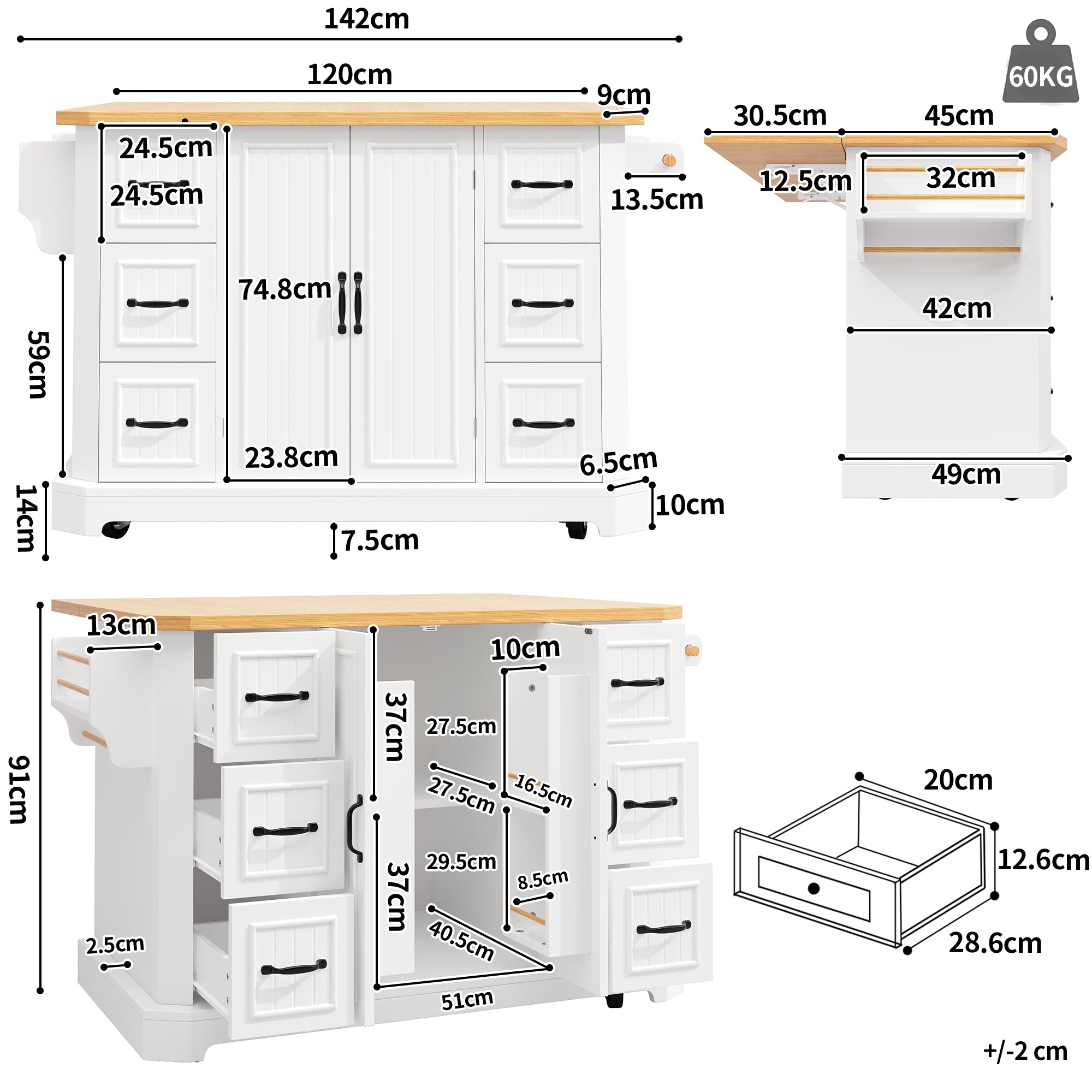 Mobile Kitchen Island with 2 Doors and 6 Drawers, White and Black