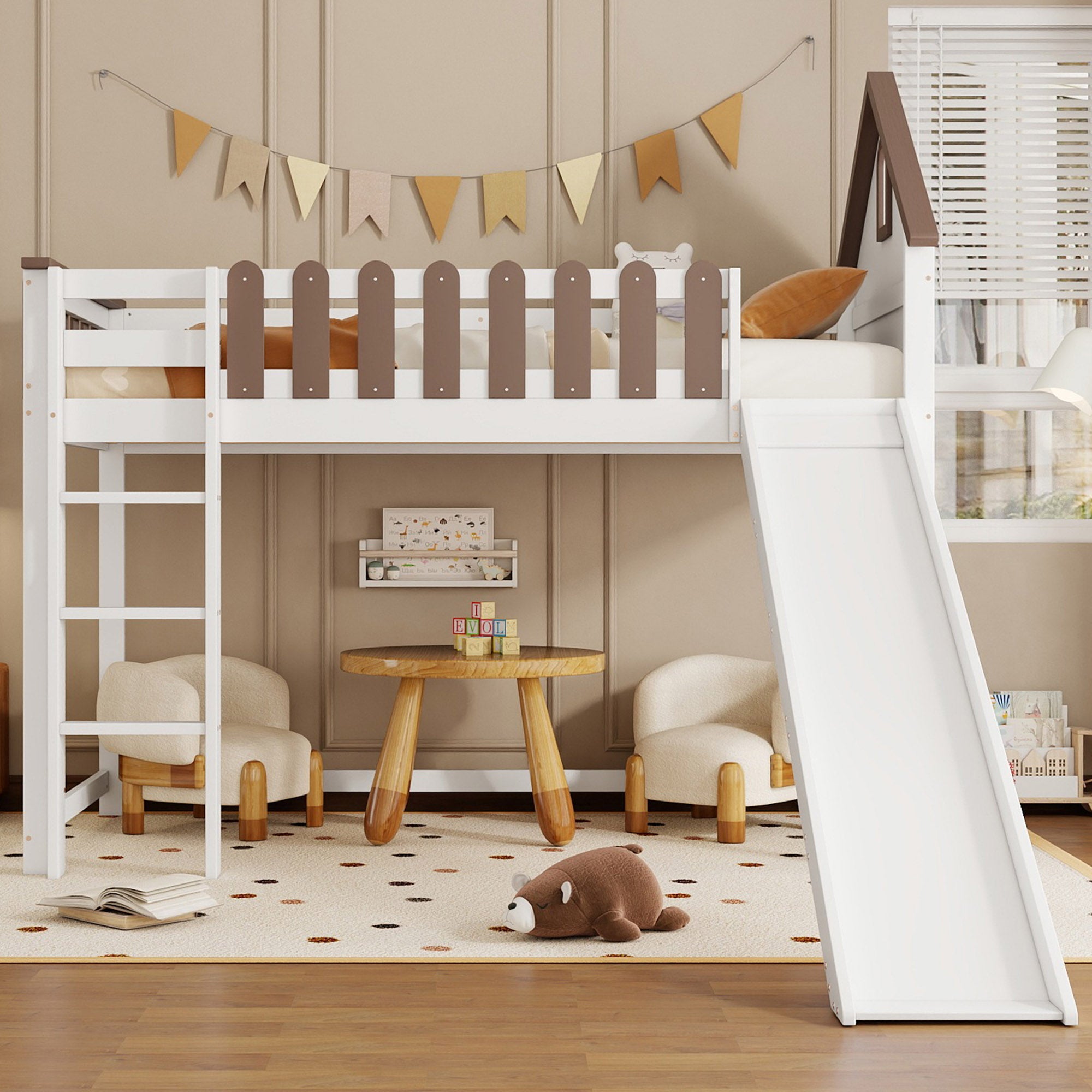 Loft Bed, Roof & Window, 3-Step Ladder, Slide, Pine+MDF, White+Walnut