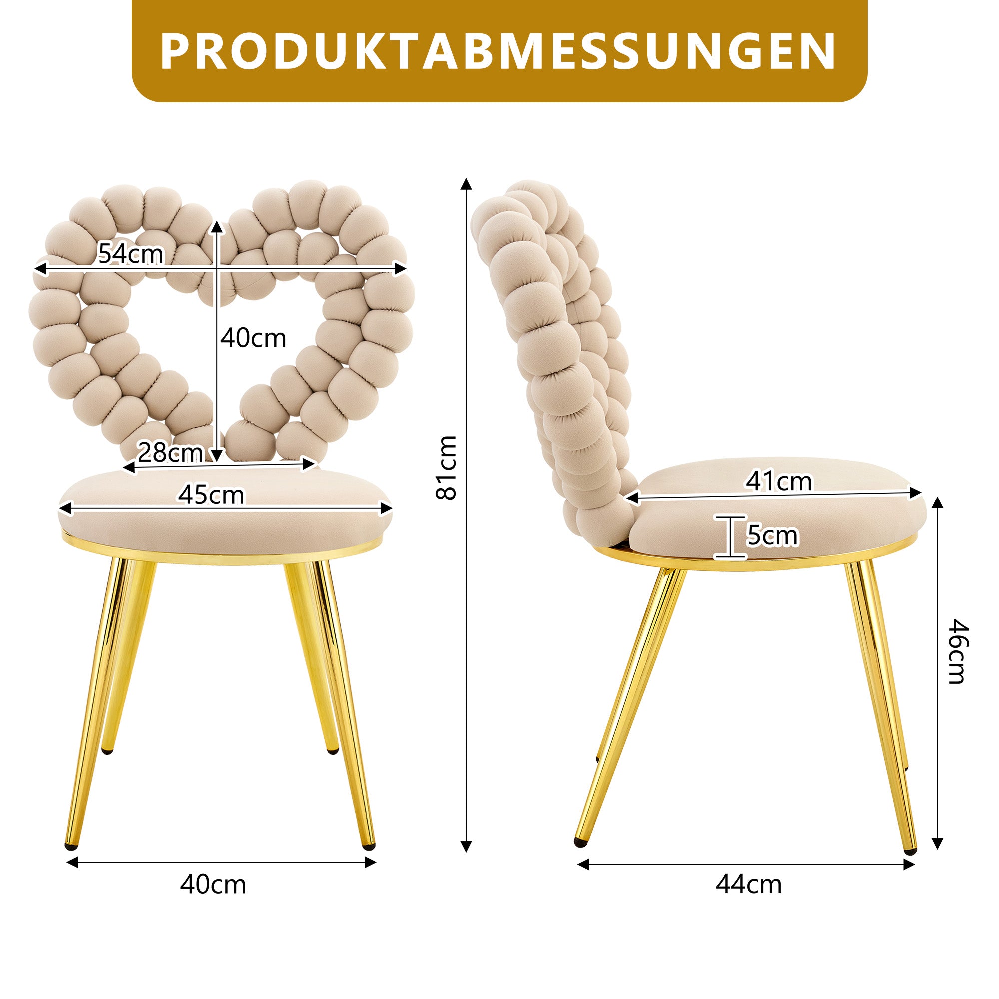 Dining Chairs (Set of 2), Heart-Shaped Cutout Backrest, Gold-Plated Legs, Light Beige Velvet