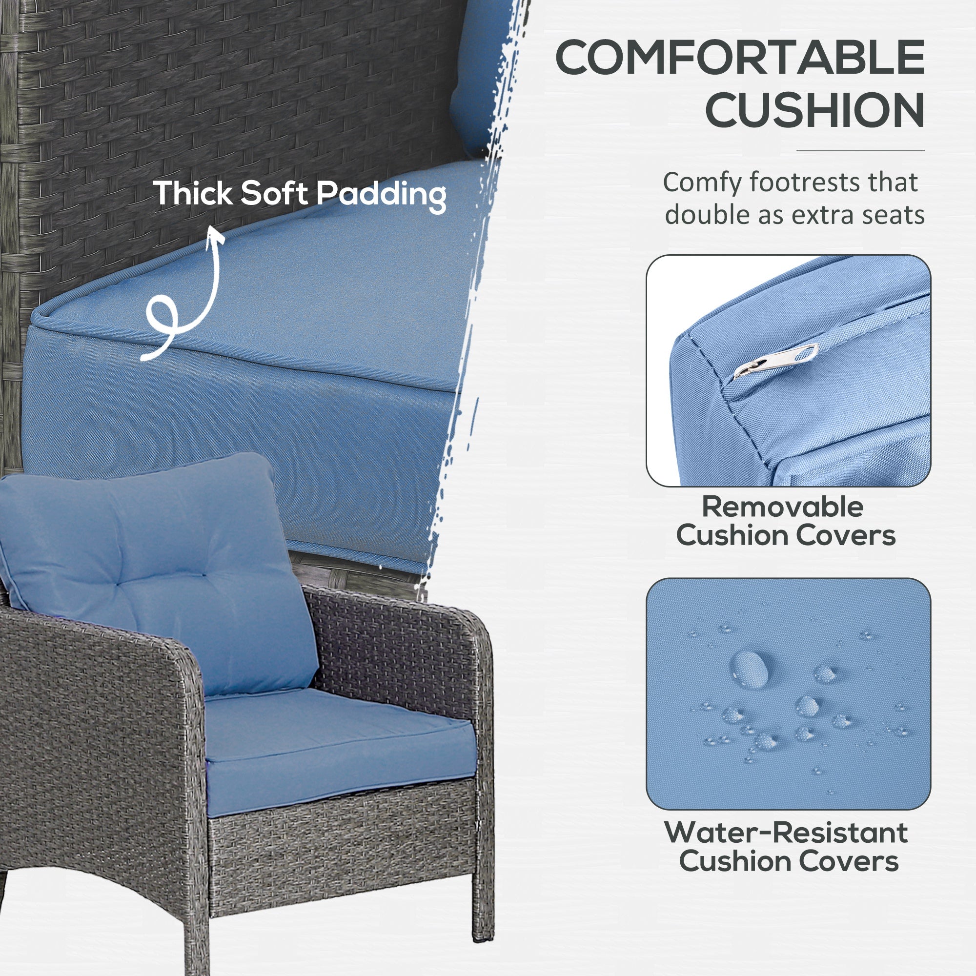 5 Pieces Garden Furniture Set Wicker Outdoor Sofa 2 Armchairs 2 Stools Glass Table Cushions Blue Rattan