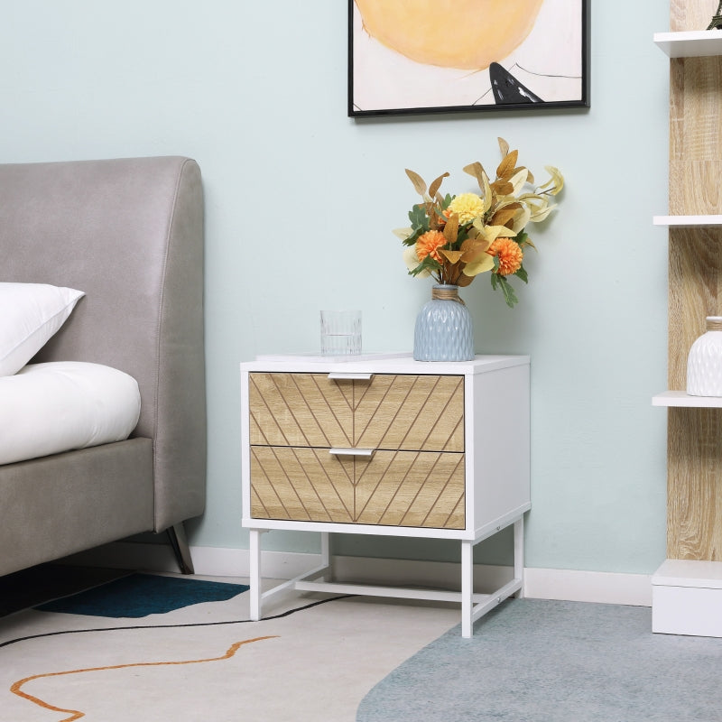 Modern Bedside Table with 2 Drawers, Sofa Side Table, White and Oak