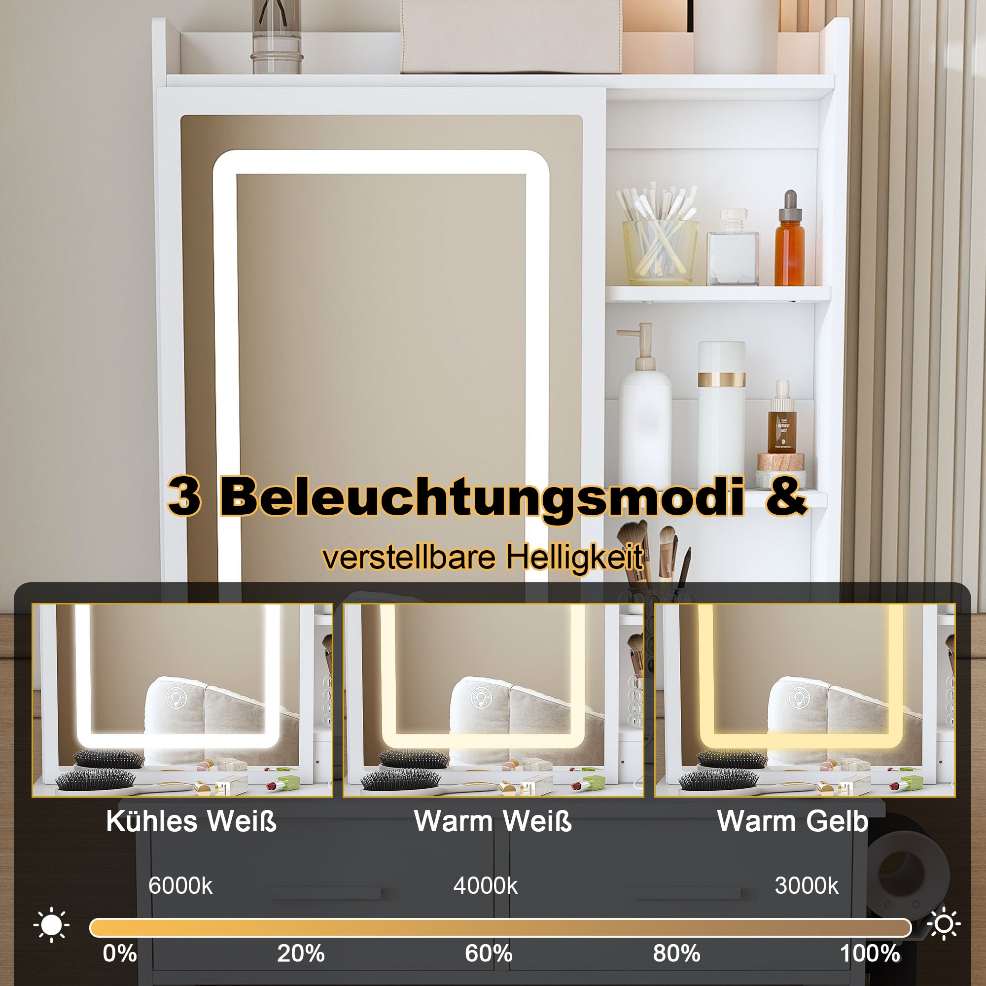 Dressing Table, Small with LED Mirror, Stool, Hidden Storage, White