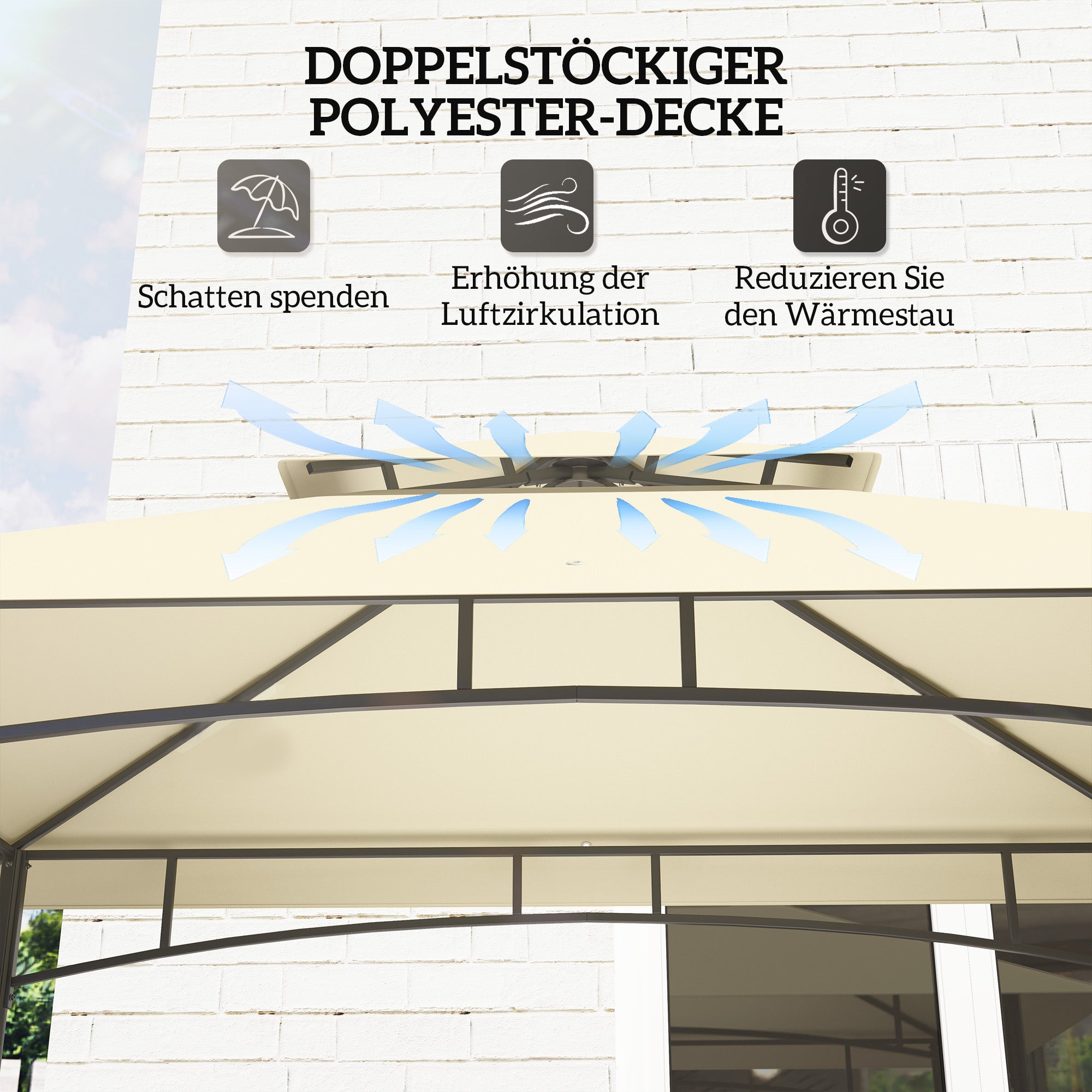 BBQ Pavilion, Double Roof, Side Shelves, Steel, Beige