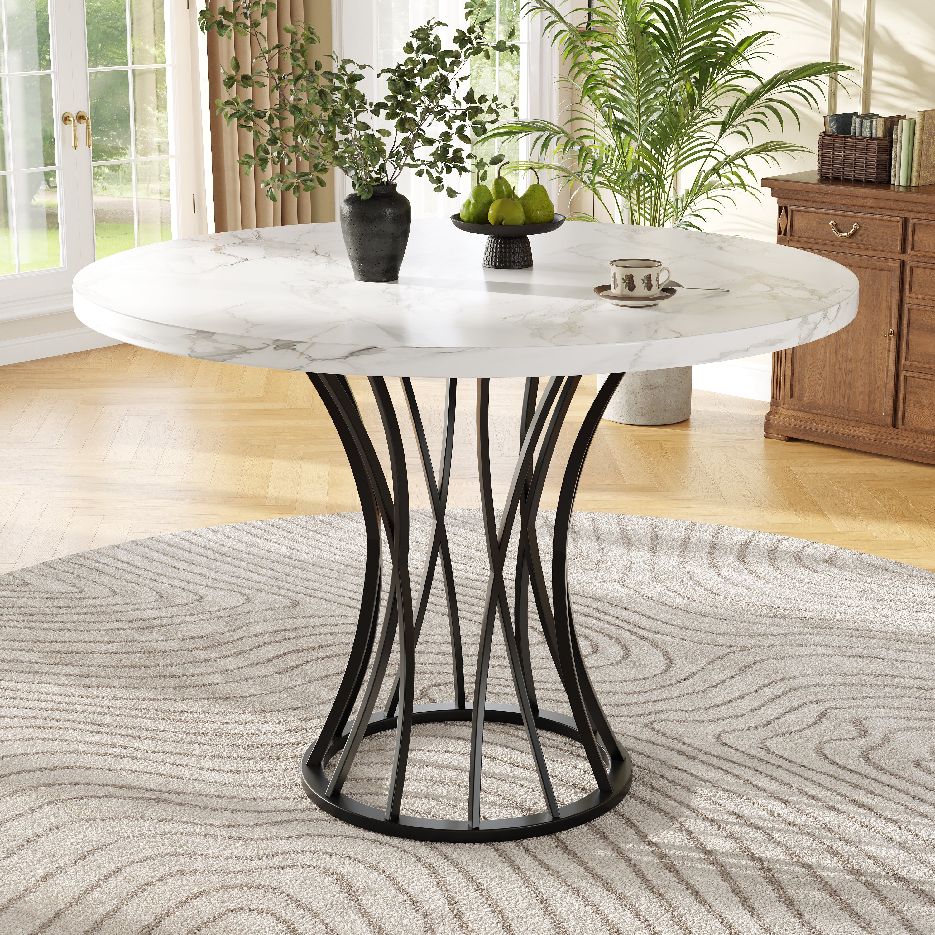 Round Dining Table 80x80cm Marbled Top 4-6 Seater - Black Legs