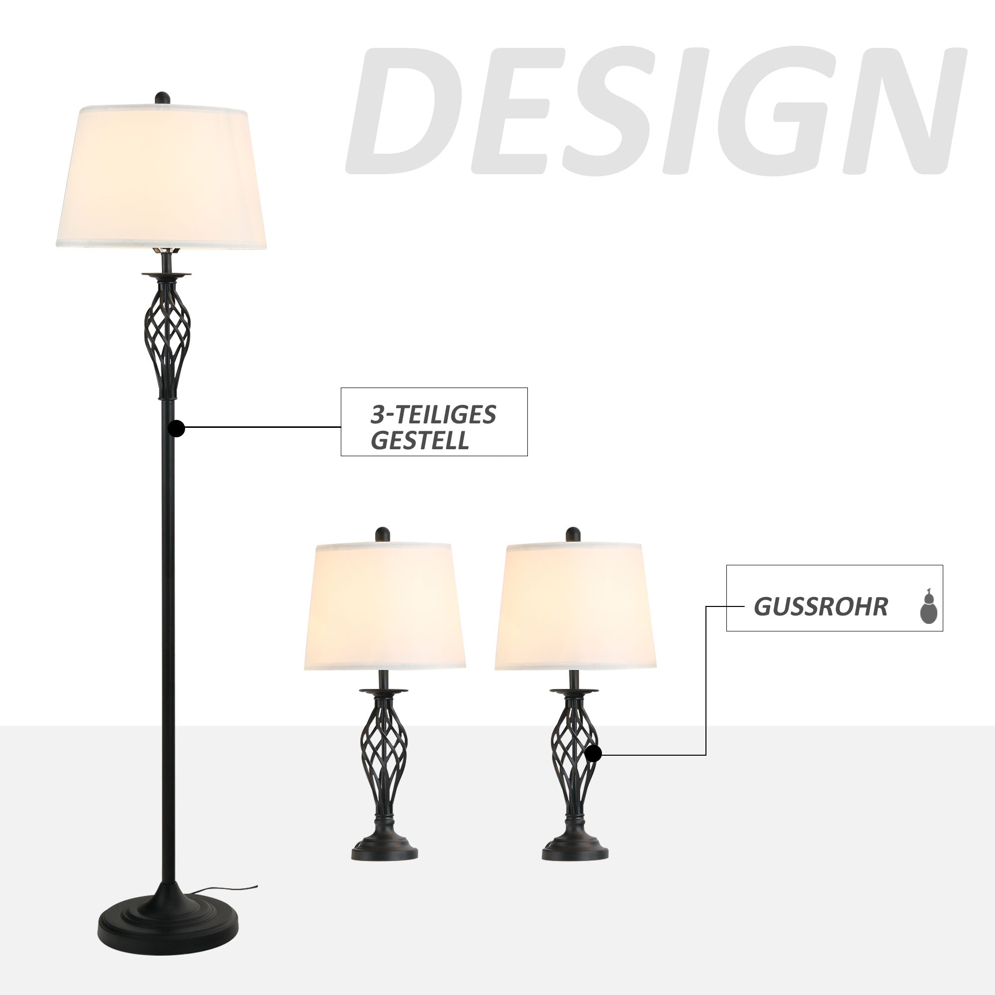 3-Piece Lamp Set: 2 Table Lamps (Ø38cm) & 1 Floor Lamp (Ø62cm), Vintage Black/White Metal/Cotton