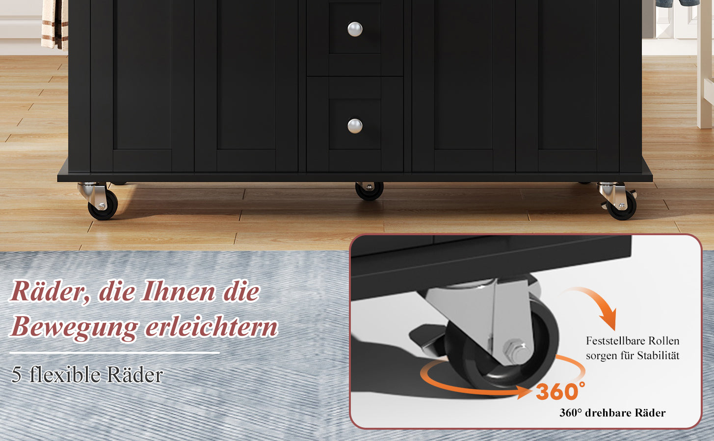 Multifunctional Kitchen Island Mobile Trolley with Extendable Worktop, 5 Drawers & Spice Rack