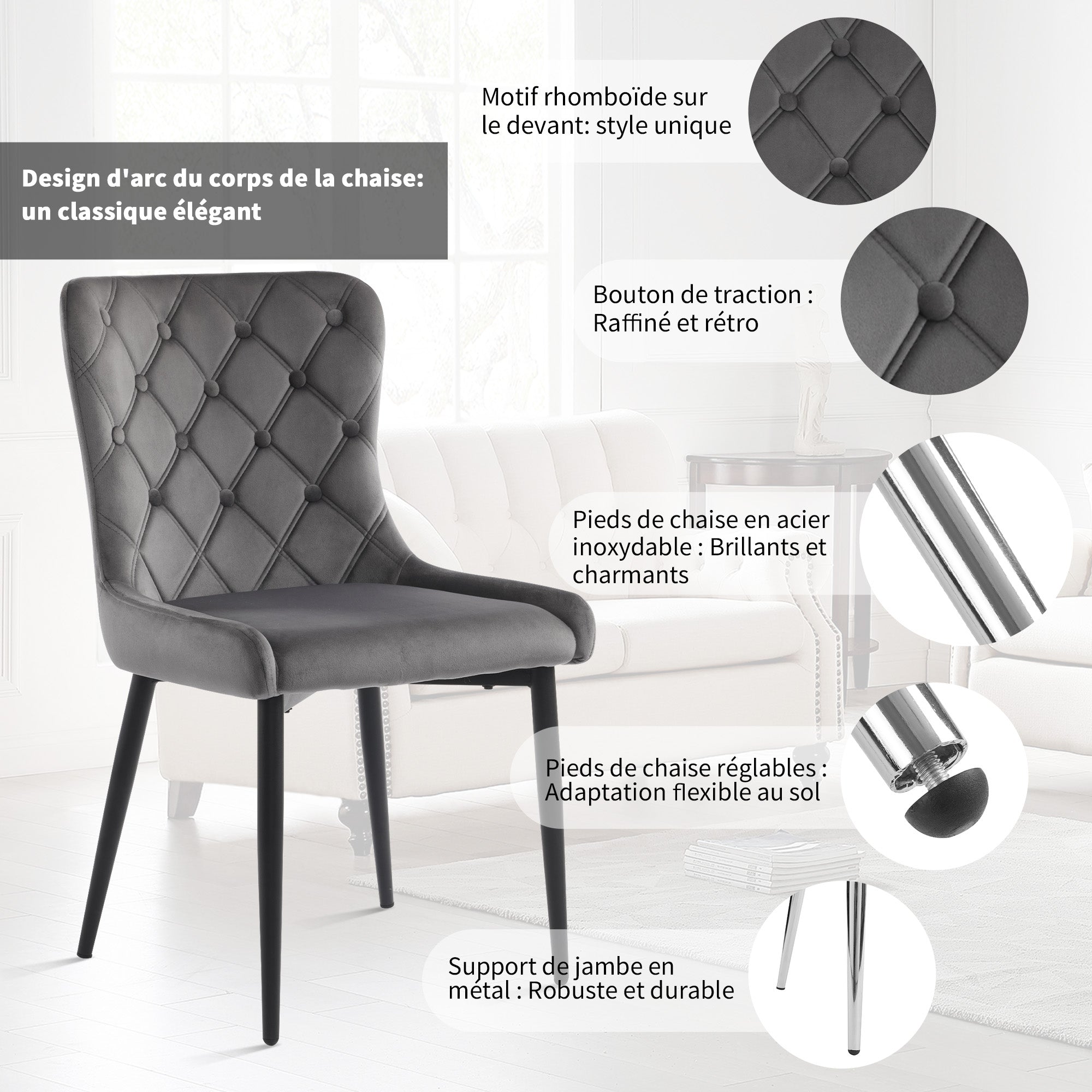 Dining Chairs with Backrest (Set of 2), Velvet Upholstered, Metal, Ergonomic, Dark Gray