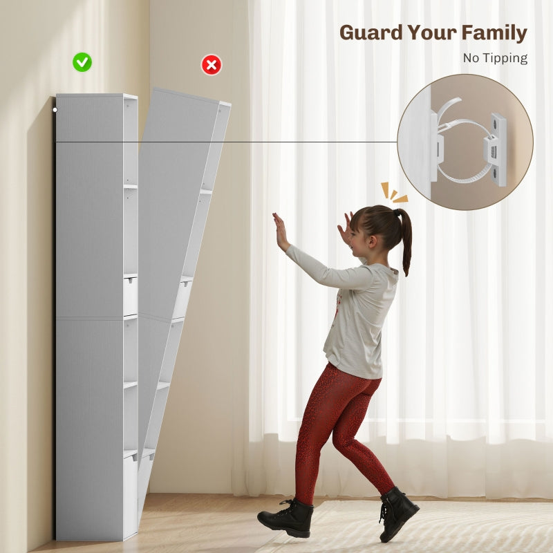 6-Tier Bookcase Tall Narrow Bookshelf with Drawer and Door - White