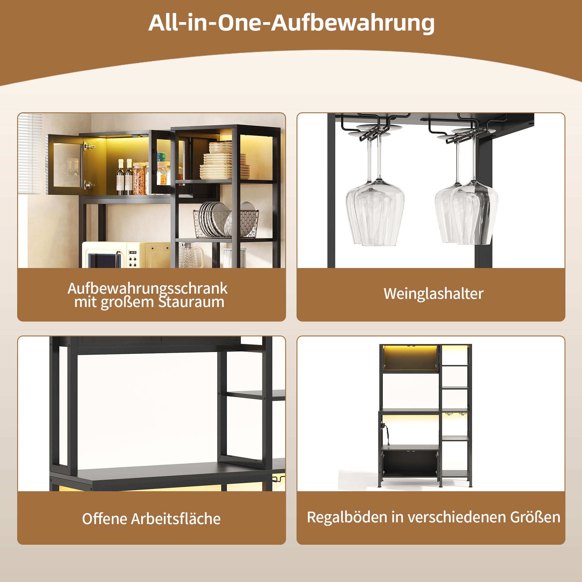 Kitchen Baker's Rack with Power Outlet and LED Lights, Microwave Shelf and Wine Glass Holder, Particle Board and Stainless Steel