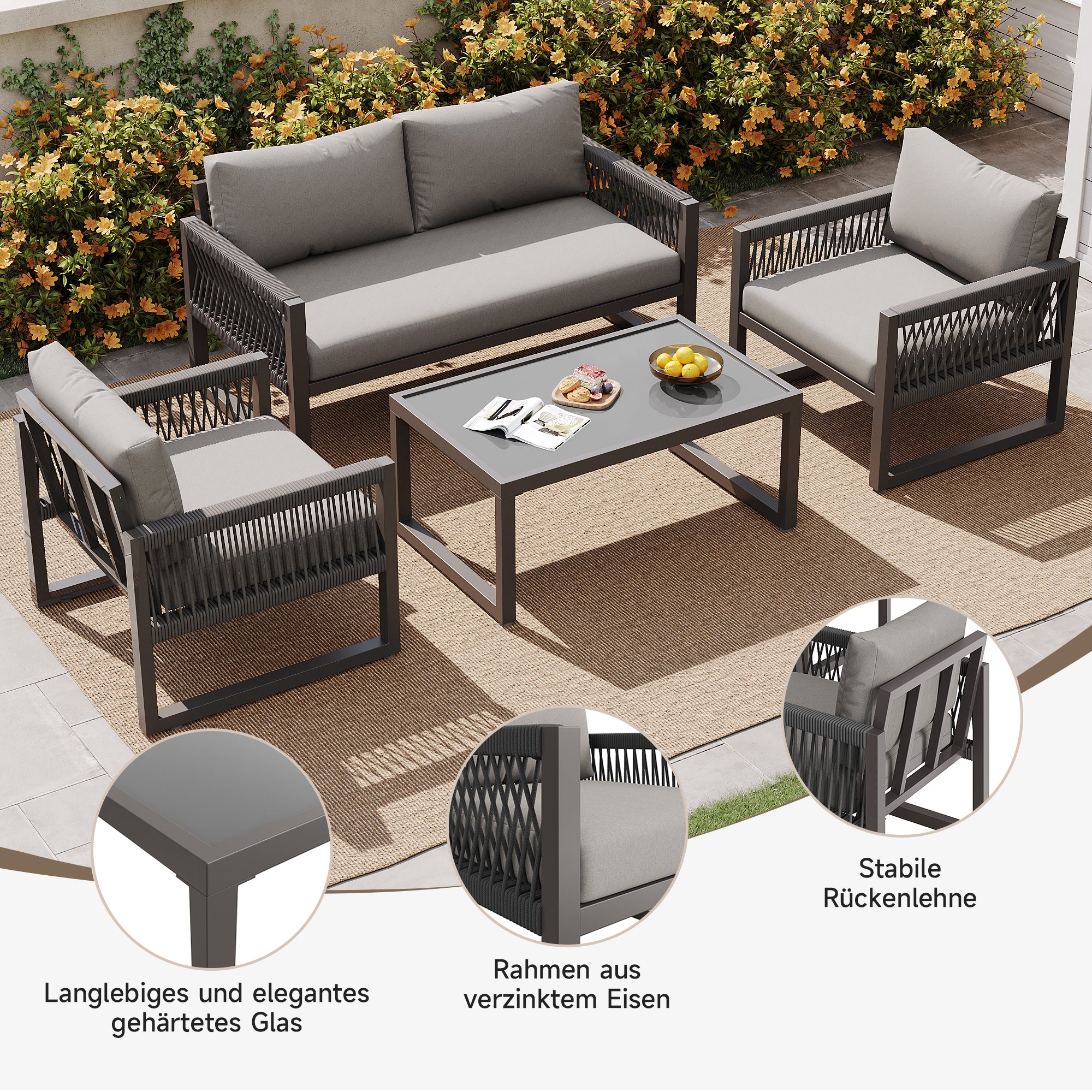 Garden Lounge Set 4-Piece Rope Glass Top - Grey