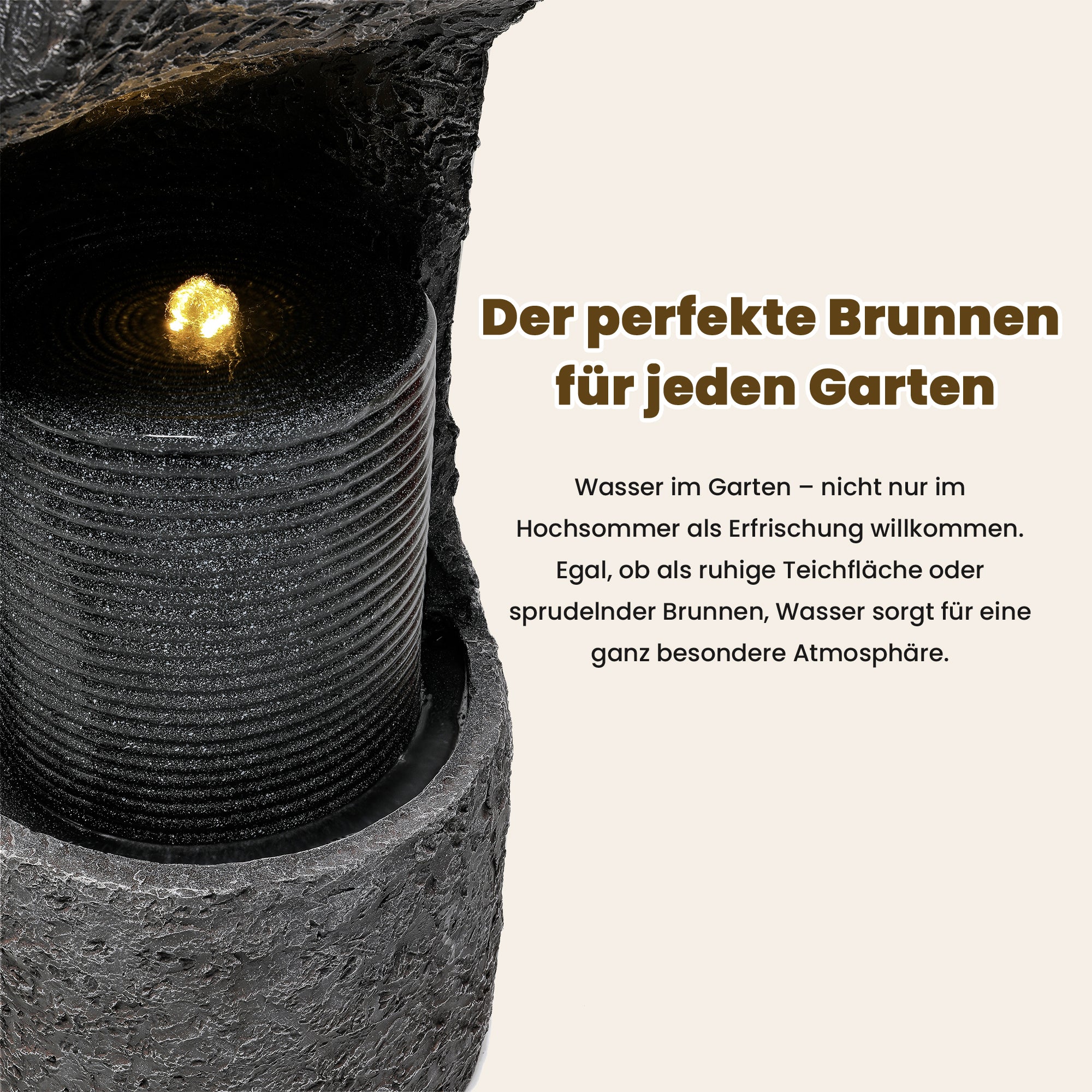 Garden Fountain with LED Lighting, Water Pump and Decorative Basin, Grey Artificial Stone