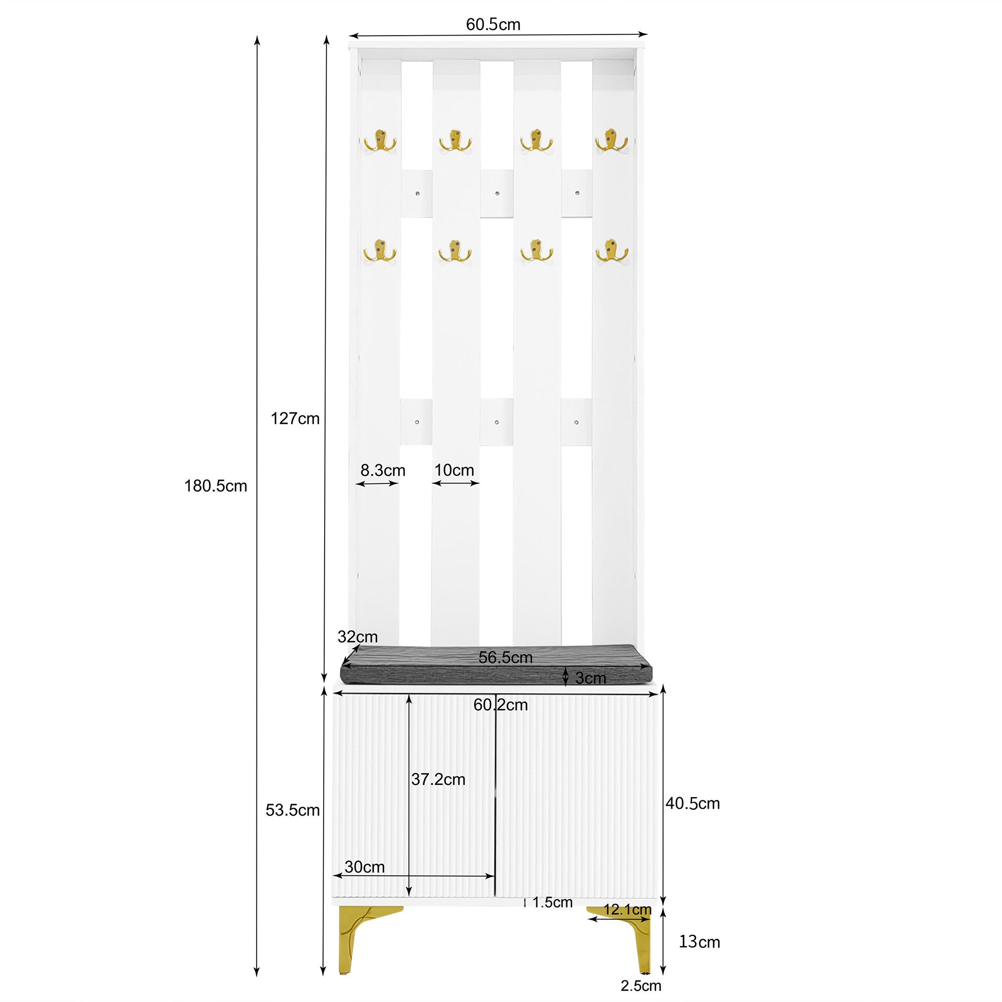 Wardrobe Set with Shoe Bench and Cushion, Front with Hooks