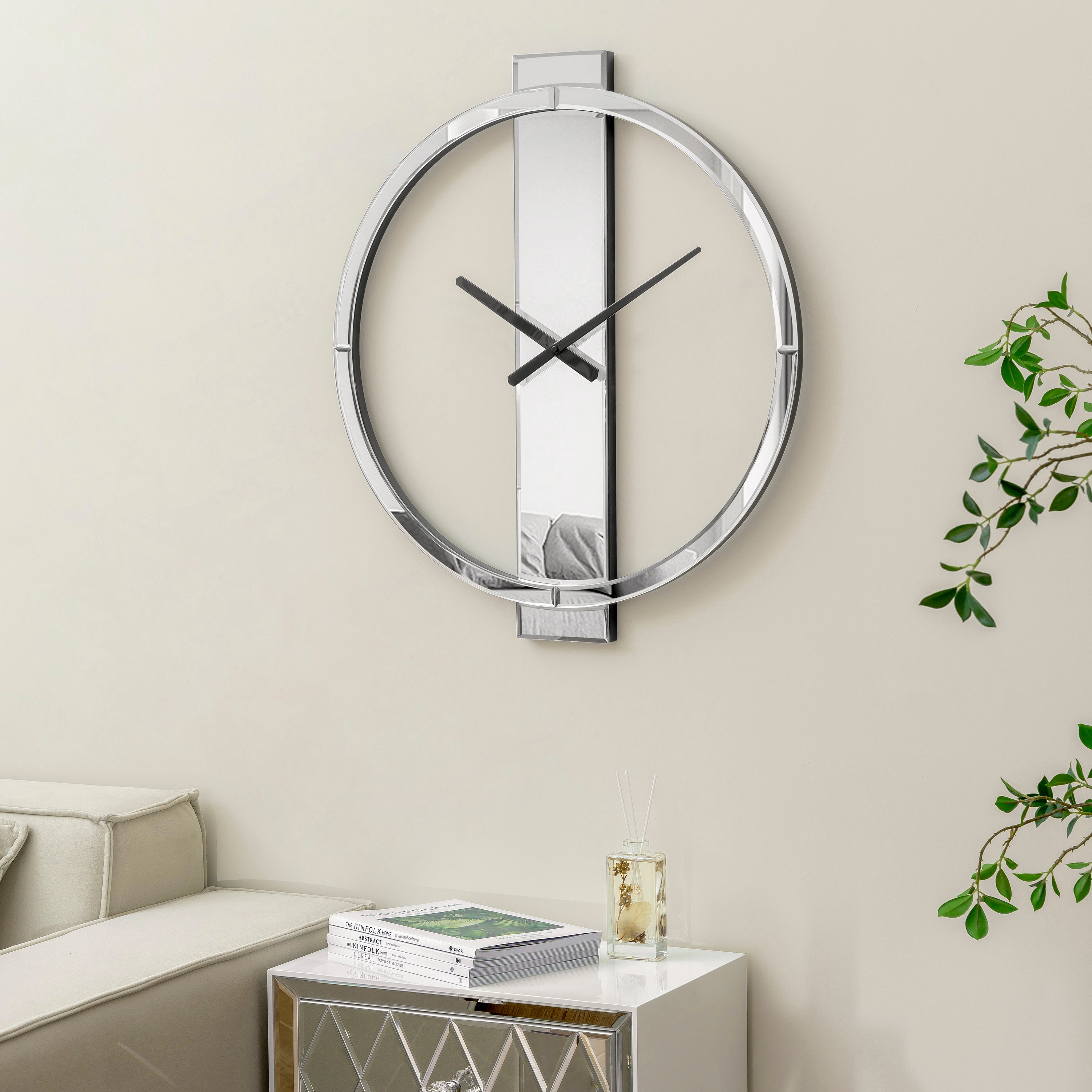 Modern Wall Clock Large Decorative 23" Mirror Glass Finish