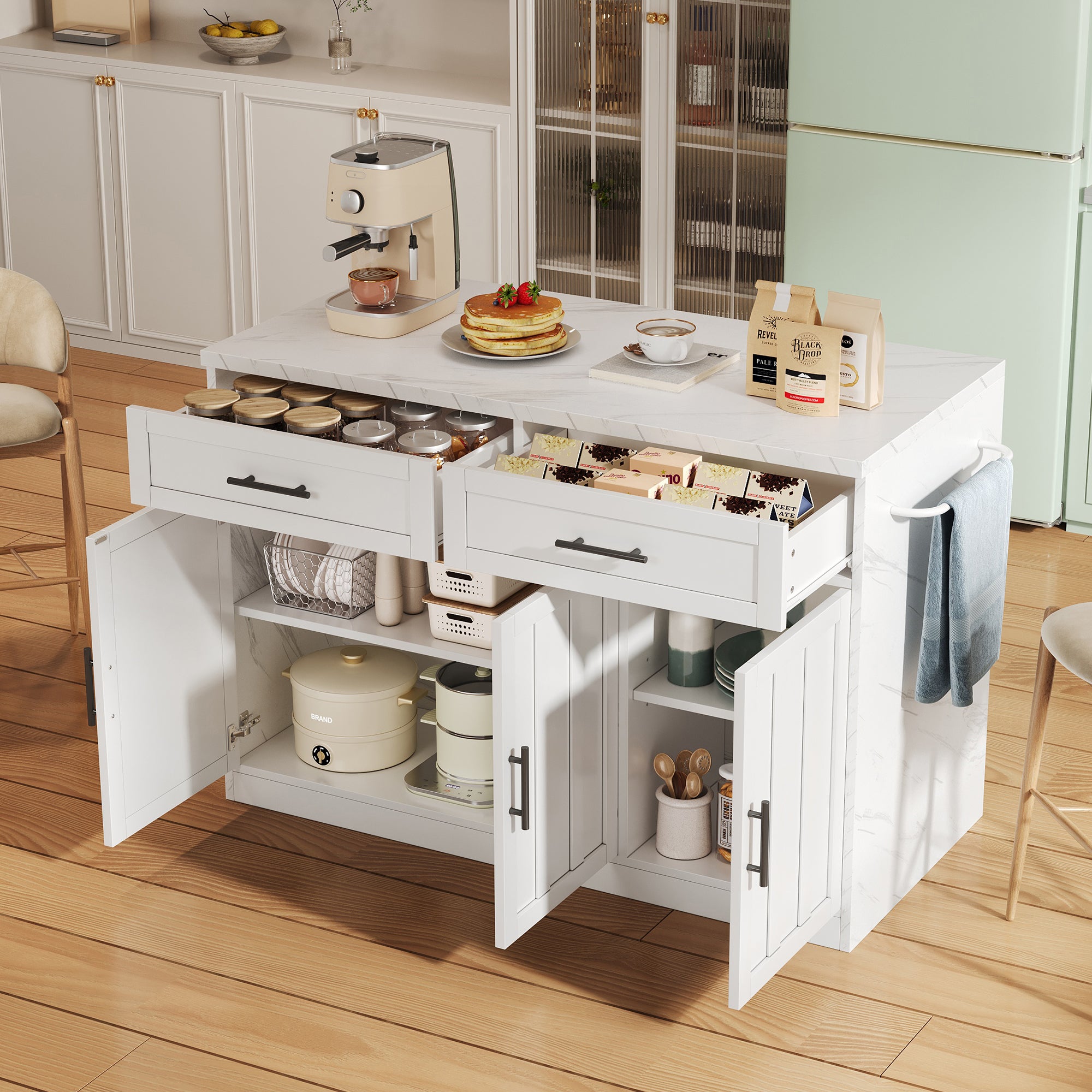 Kitchen Island with Power Outlets USB Adjustable Shelves, White