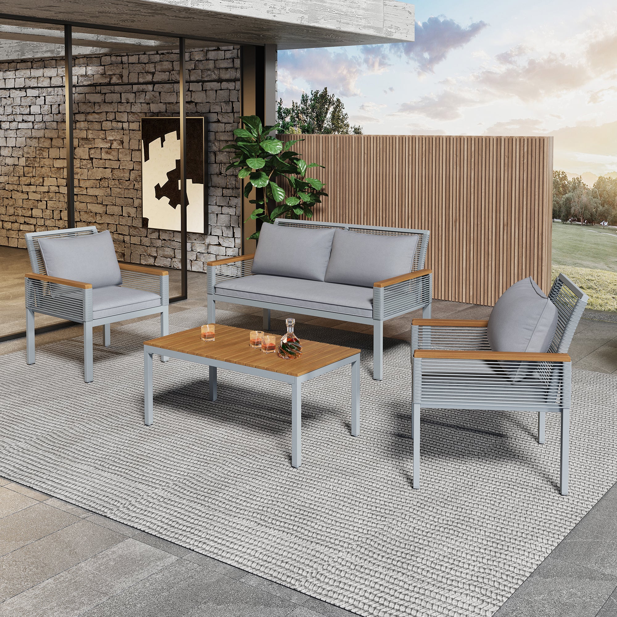Garden Lounge Set with Double Sofa and 2 Armchairs, Grey Rattan