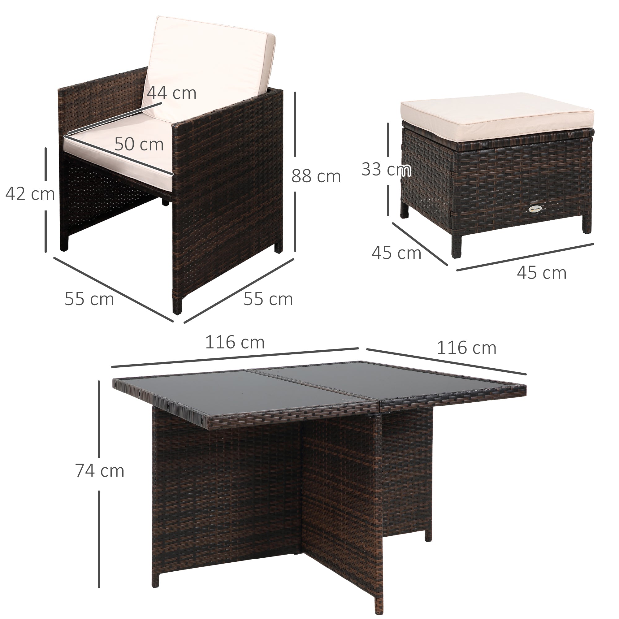 Rattan Cube Garden Furniture Set, 8 Seater Dining Set with Square Glass Top Table, Brown Rattan