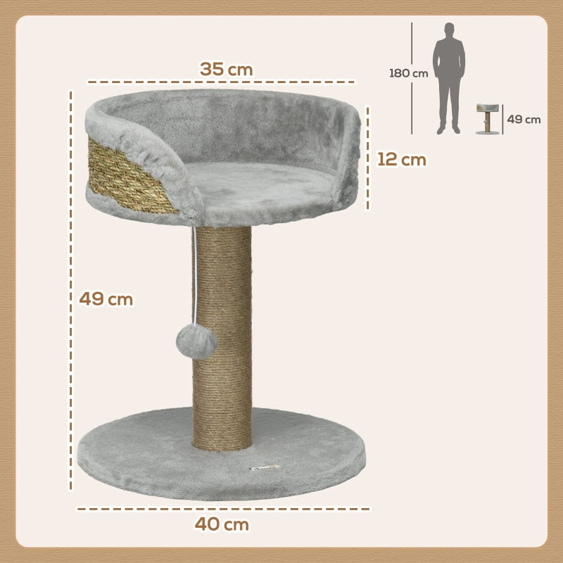 PawHut Cat Tree Small, Cat Scratching Post with Play Ball Lying Area, Jute Grey