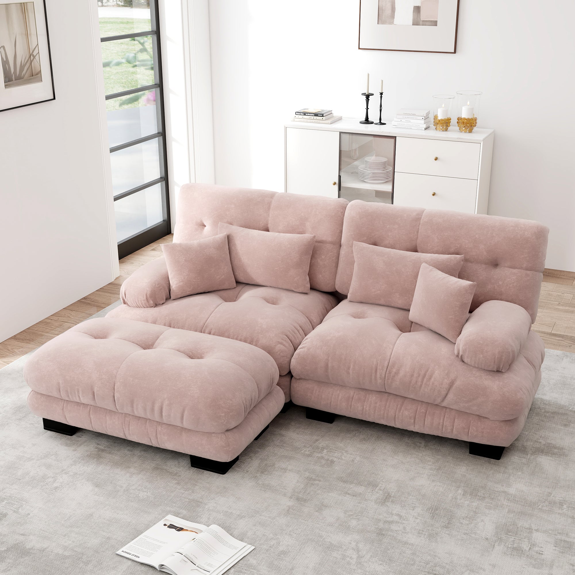 Cloud Corner Sofa, Double Sofa with Lumbar & Decorative Pillows, Ottoman, Chenille Pink