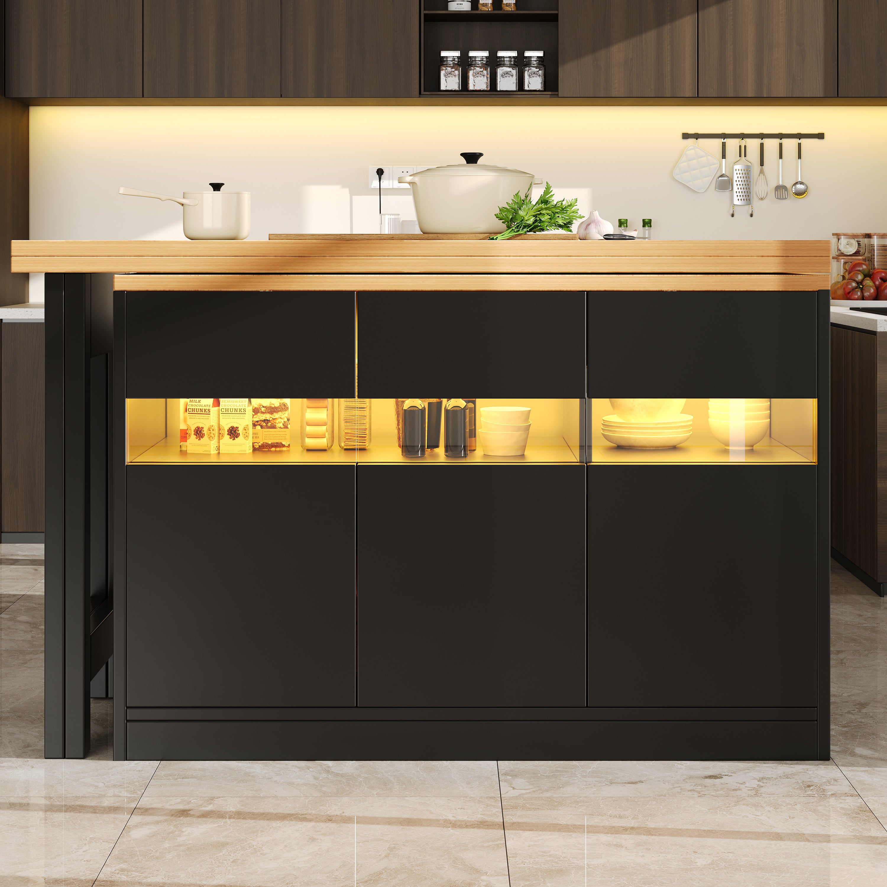 Extendable Bar Table with LED Lighting and 360° Swivel, 120-180cm Kitchen Island with Storage, MDF