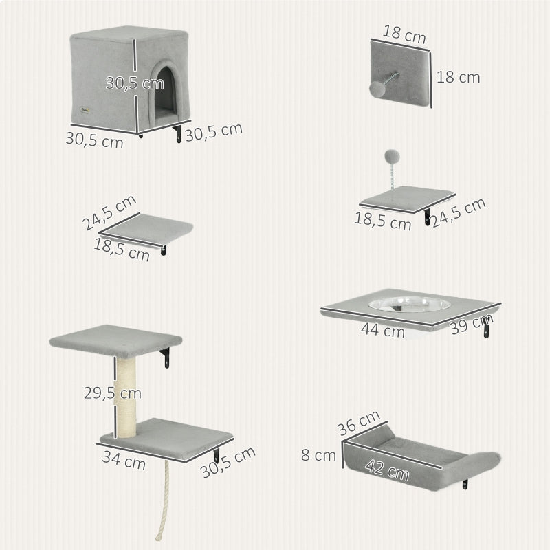 PwaHut Cat Climbing Wall, 7-piece Set with Cat House, Platform, Scratching Post, Grey