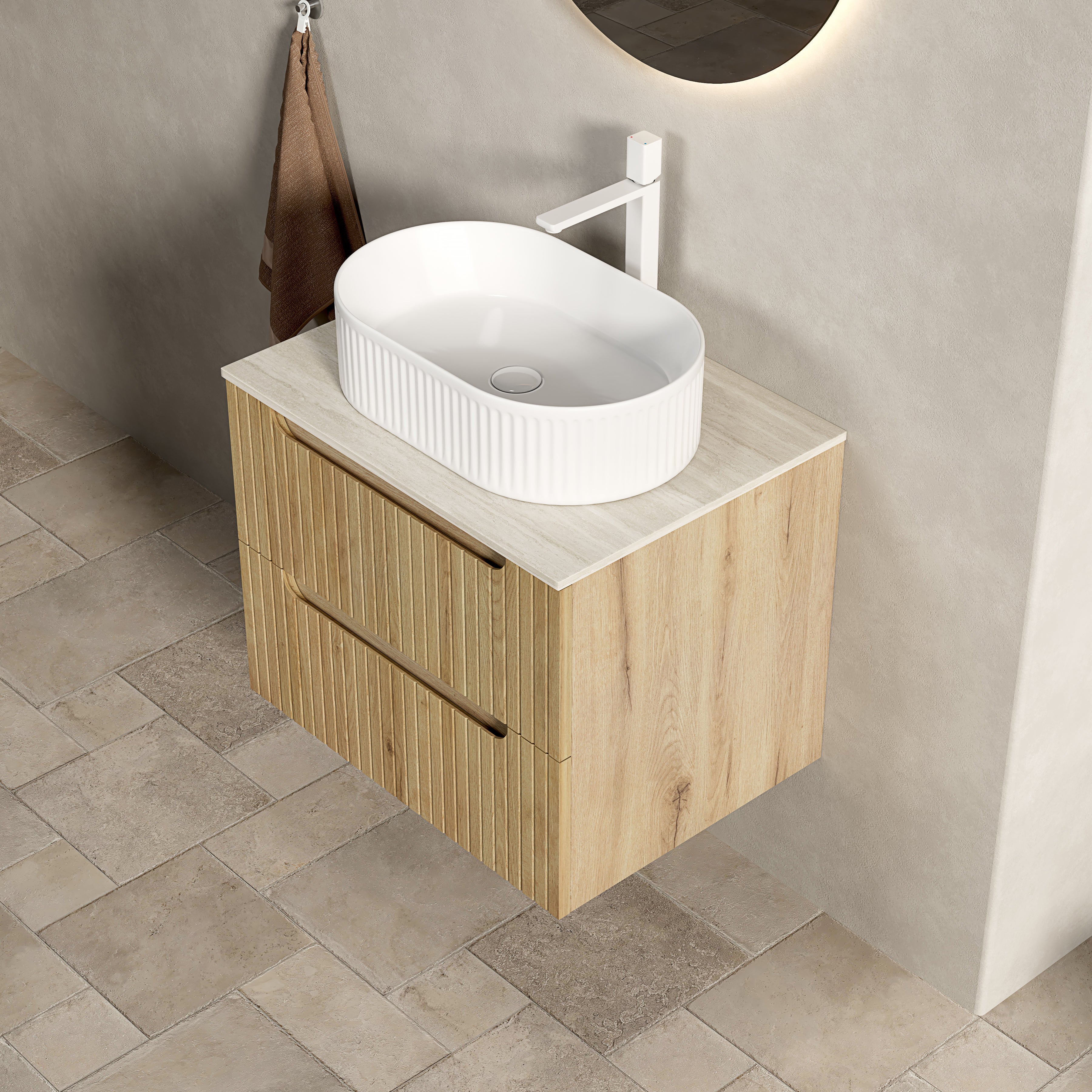 GREA Floating Vanity Unit 60cm Oval Sink 2 Drawers White Oak