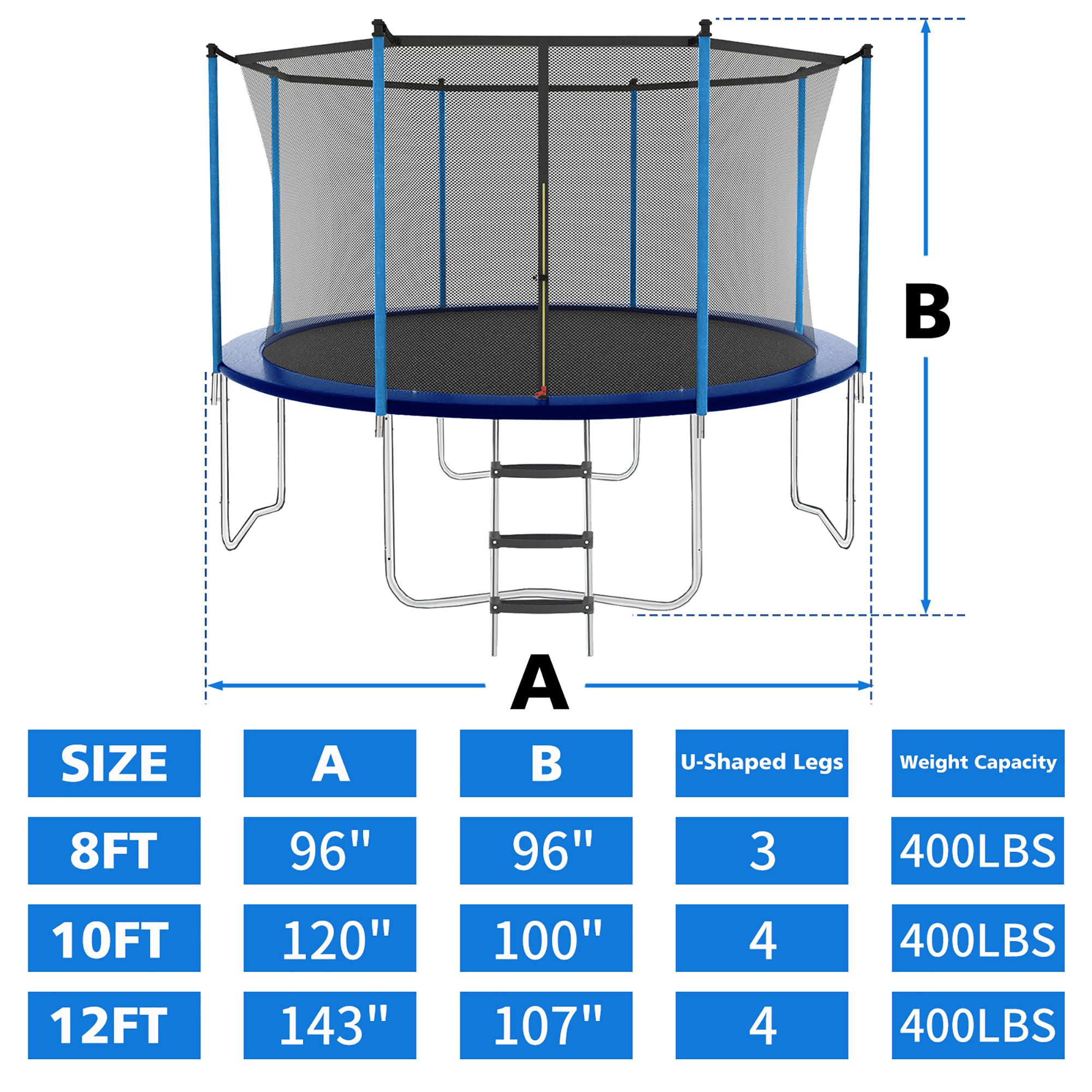 Trampoline 8-12FT Adjustable, Safety Enclosure Net & Spring Pad, Heavy-Duty Galvanized Steel Frame, 400lbs Capacity, Blue