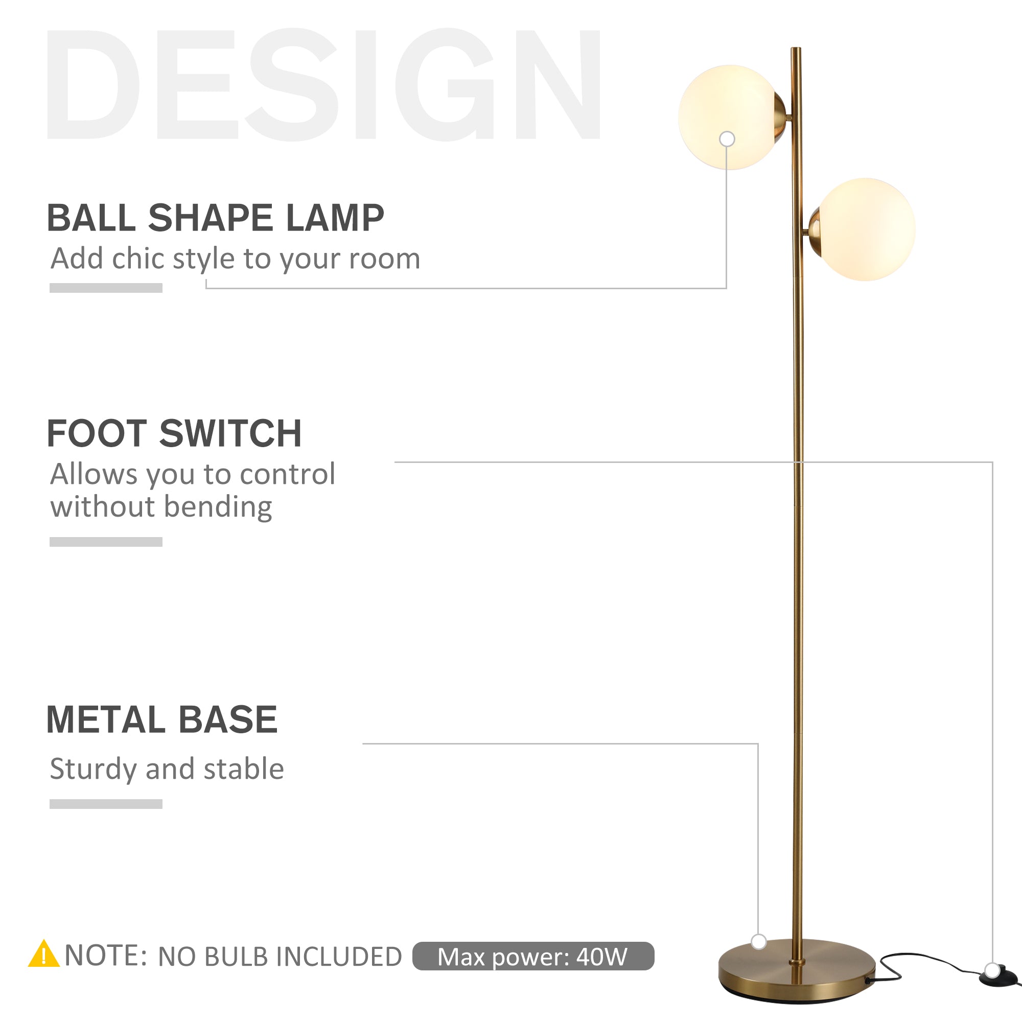 Floor Lamp 2-Piece, Glass Lampshade 165cm High, Gold and White