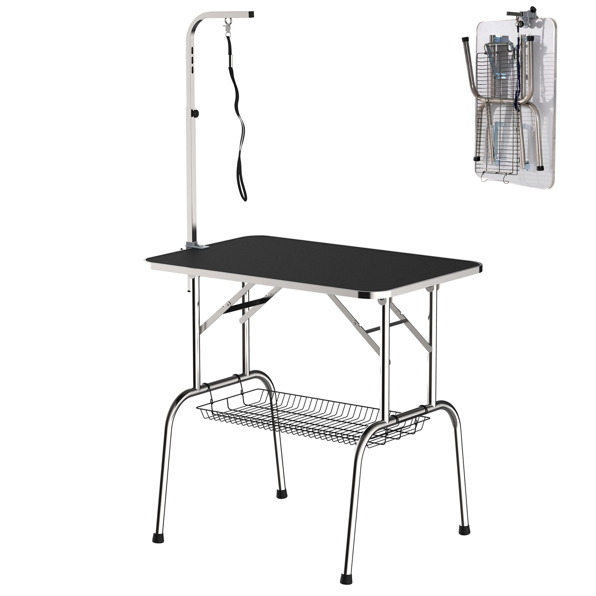 Grooming Table, Folding Height-Adjustable, Black Stainless Steel