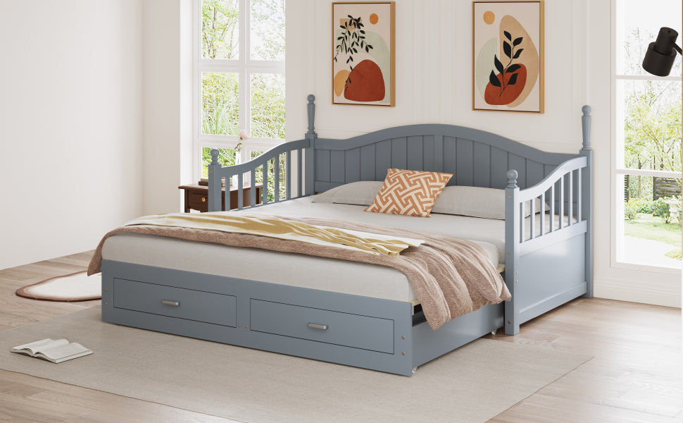 Pull-Out Sofa Bed, Solid Wood with Drawers & Slatted Frame, Pine Wood, Grey