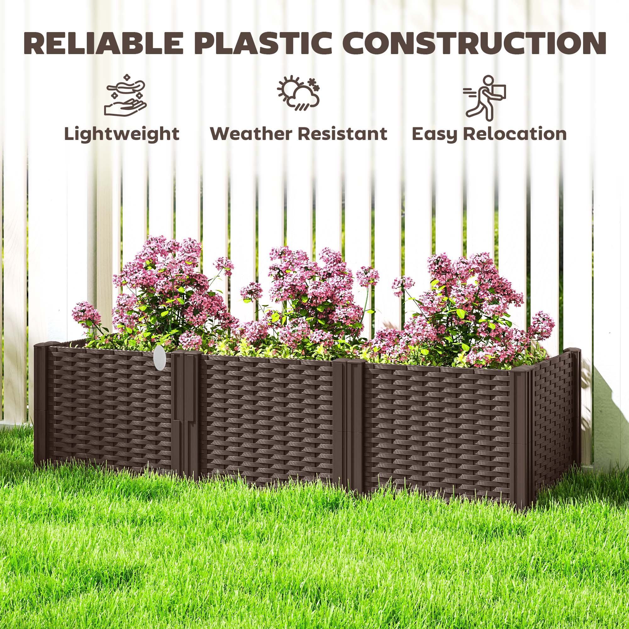 Plastic Raised Garden Bed, Modular Planter Box Kit Garden Fence Edging Border, Brown