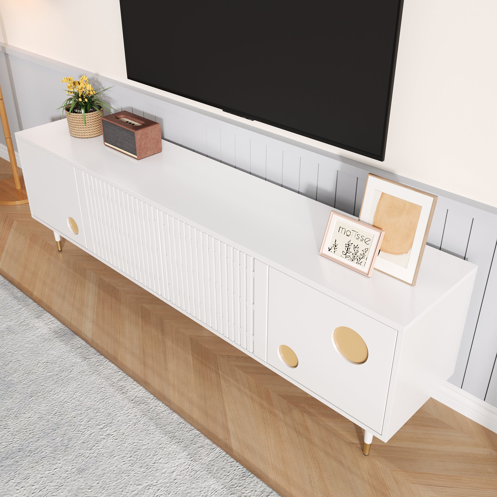 TV Cabinet, Lattice & Hidden Handles, Solid Wood Doors, Gold Decor