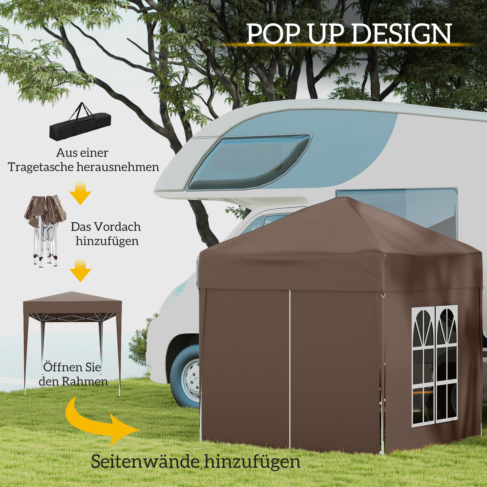 Folding Pavilion 2x2m UV Protection Side Panels Windows Oxford Fabric Brown