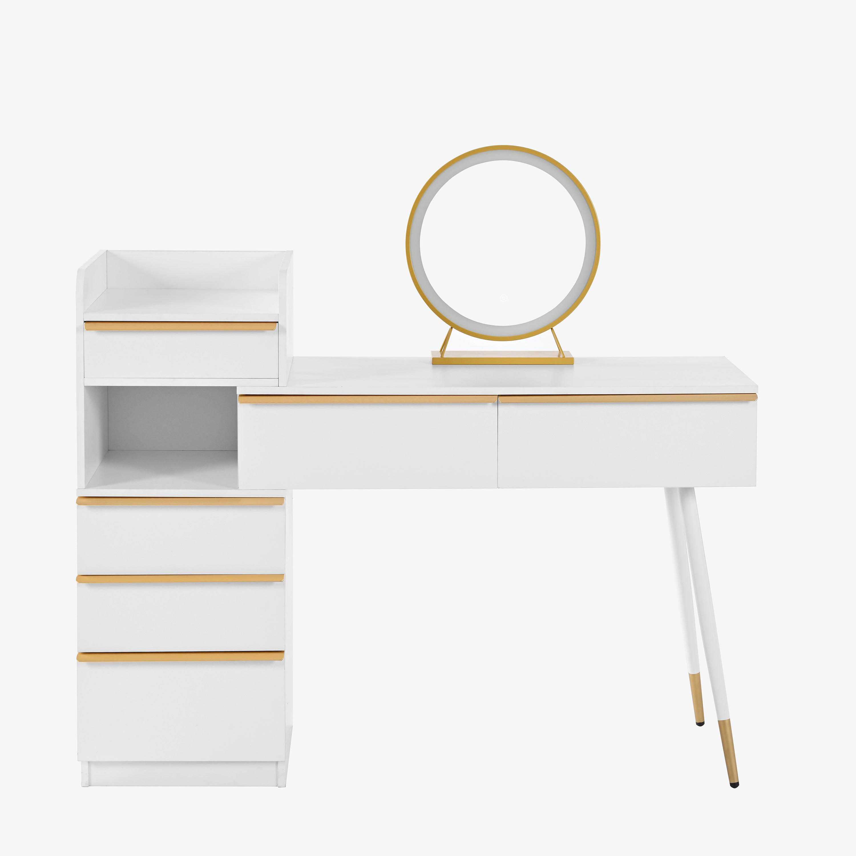 Dressing table with extendable tabletop, 6 drawers, gold handles, LED mirror, dimmable light, white