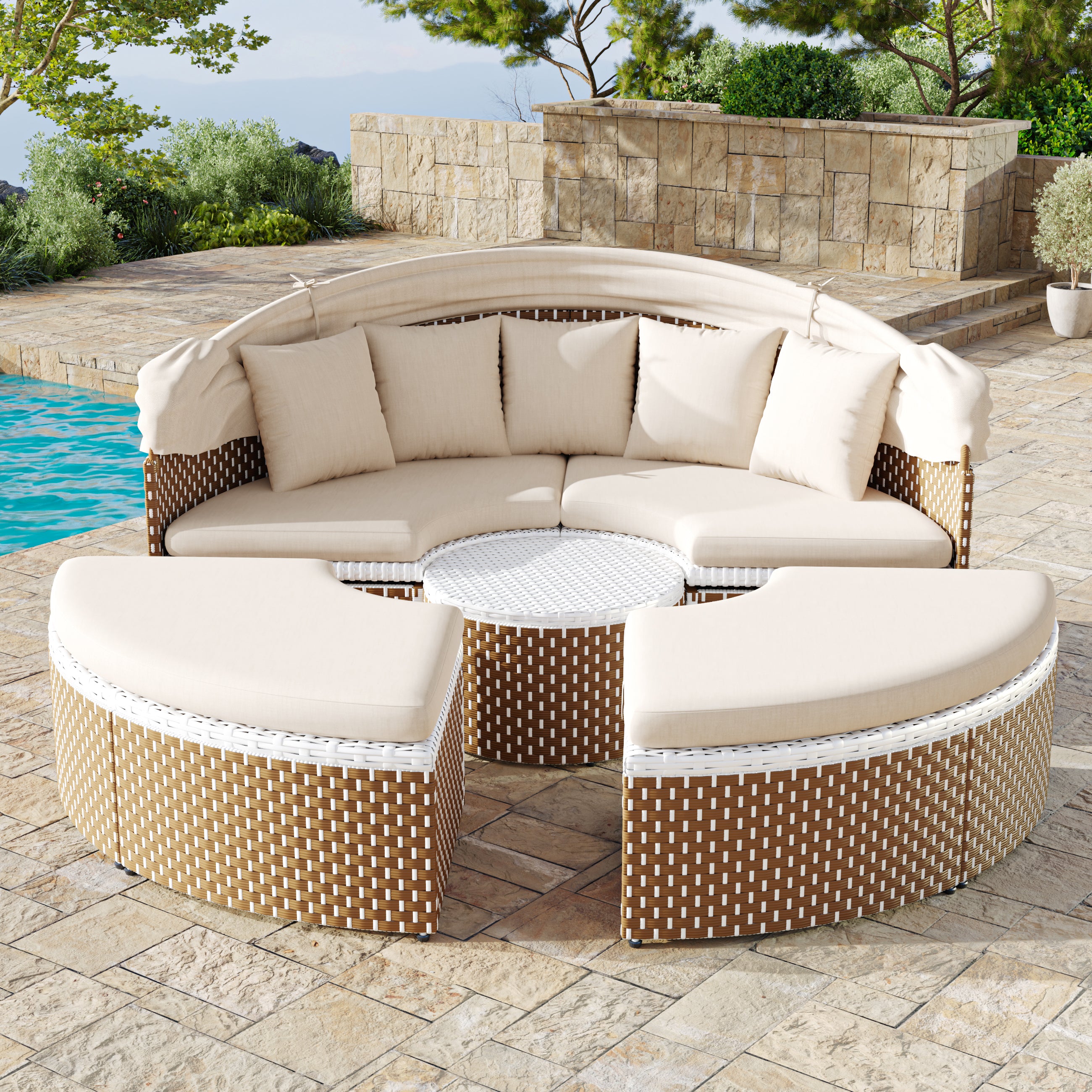 Sun Island Garden Lounge Set Rattan Extendable Canopy Liftable Table Beige