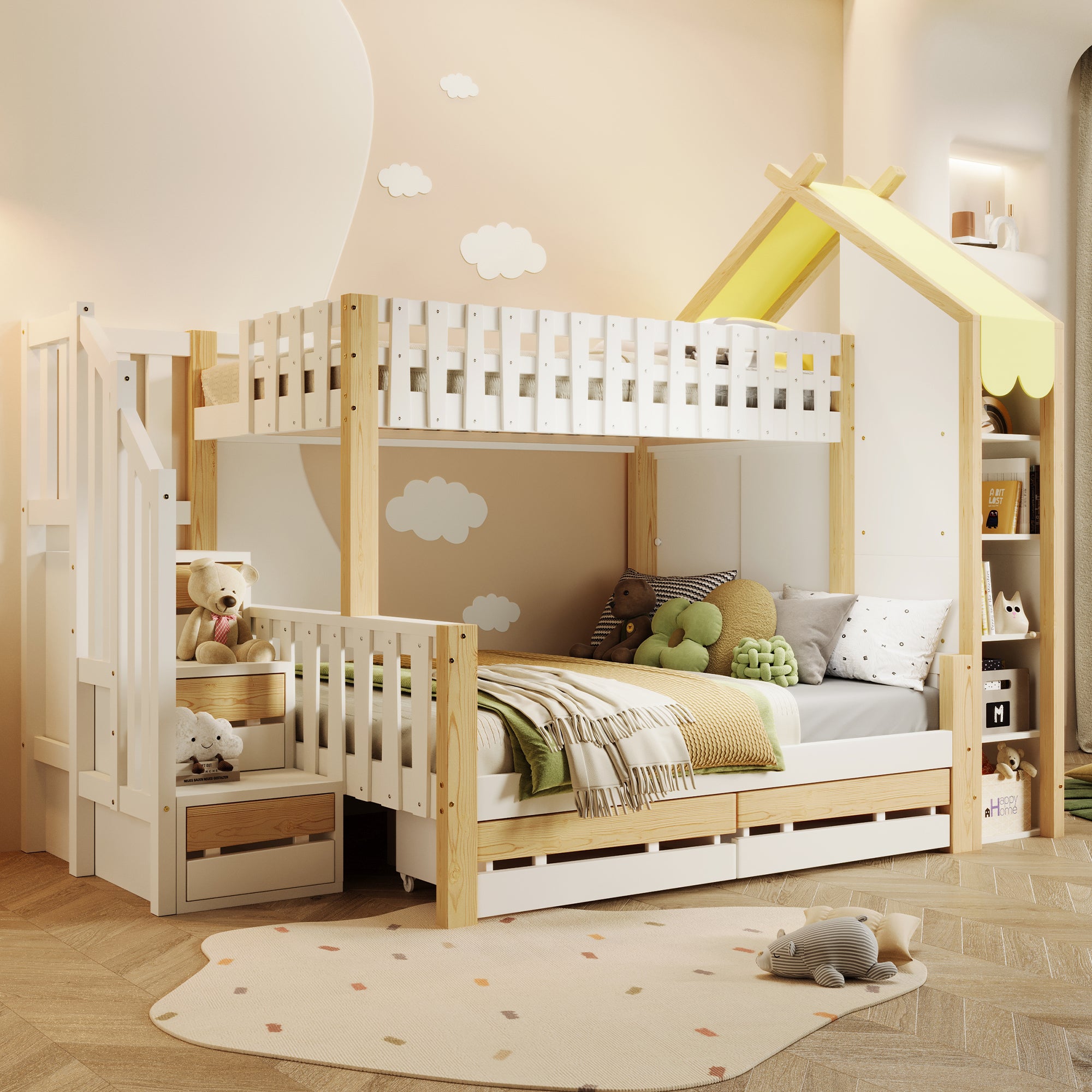 Bunk Bed, 90x200cm + 140x200cm, Storage Ladder, 2 Drawers, White + Natural