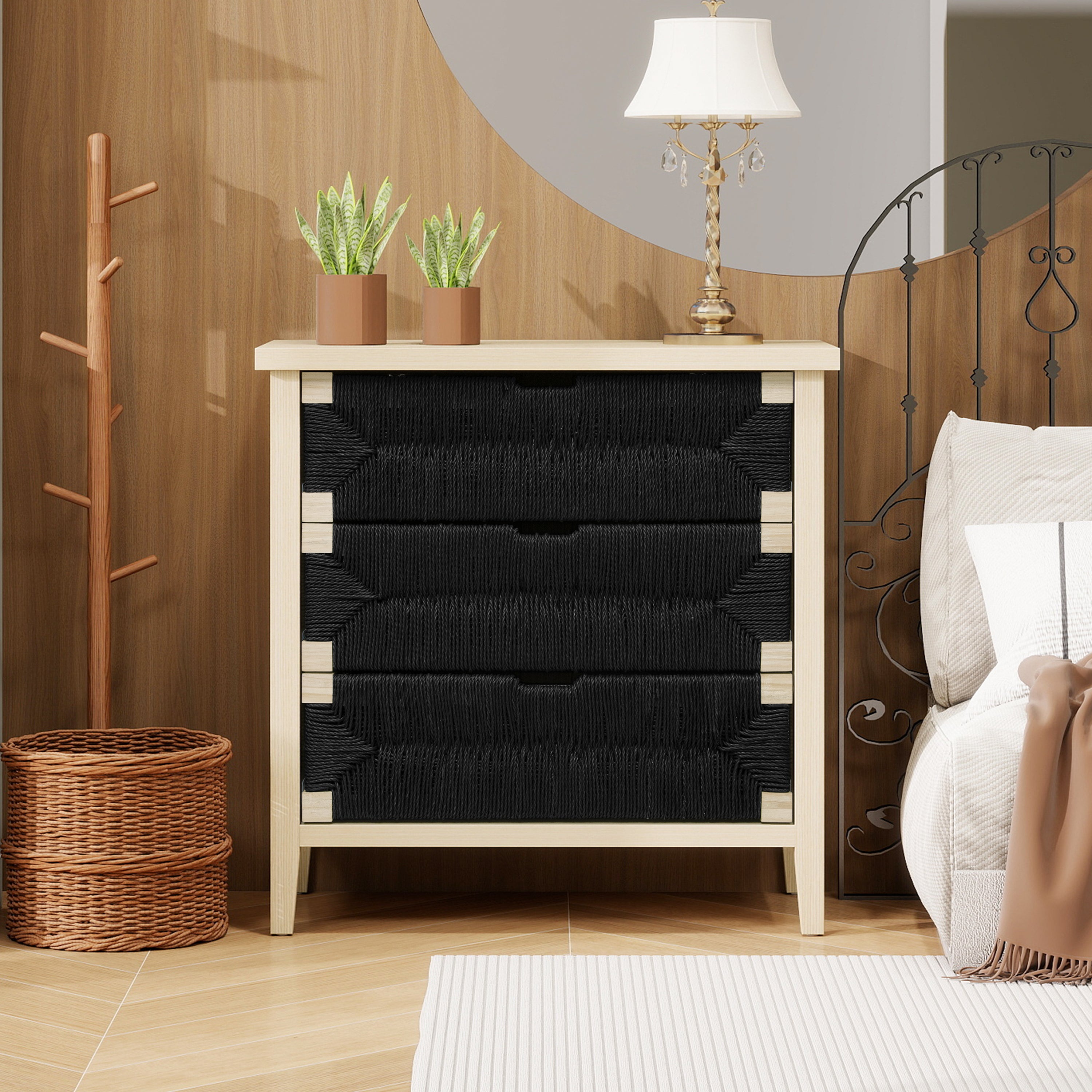 Chest of Drawers 3-Drawer Boho Rope Design 80cm - Natural Wood/Black
