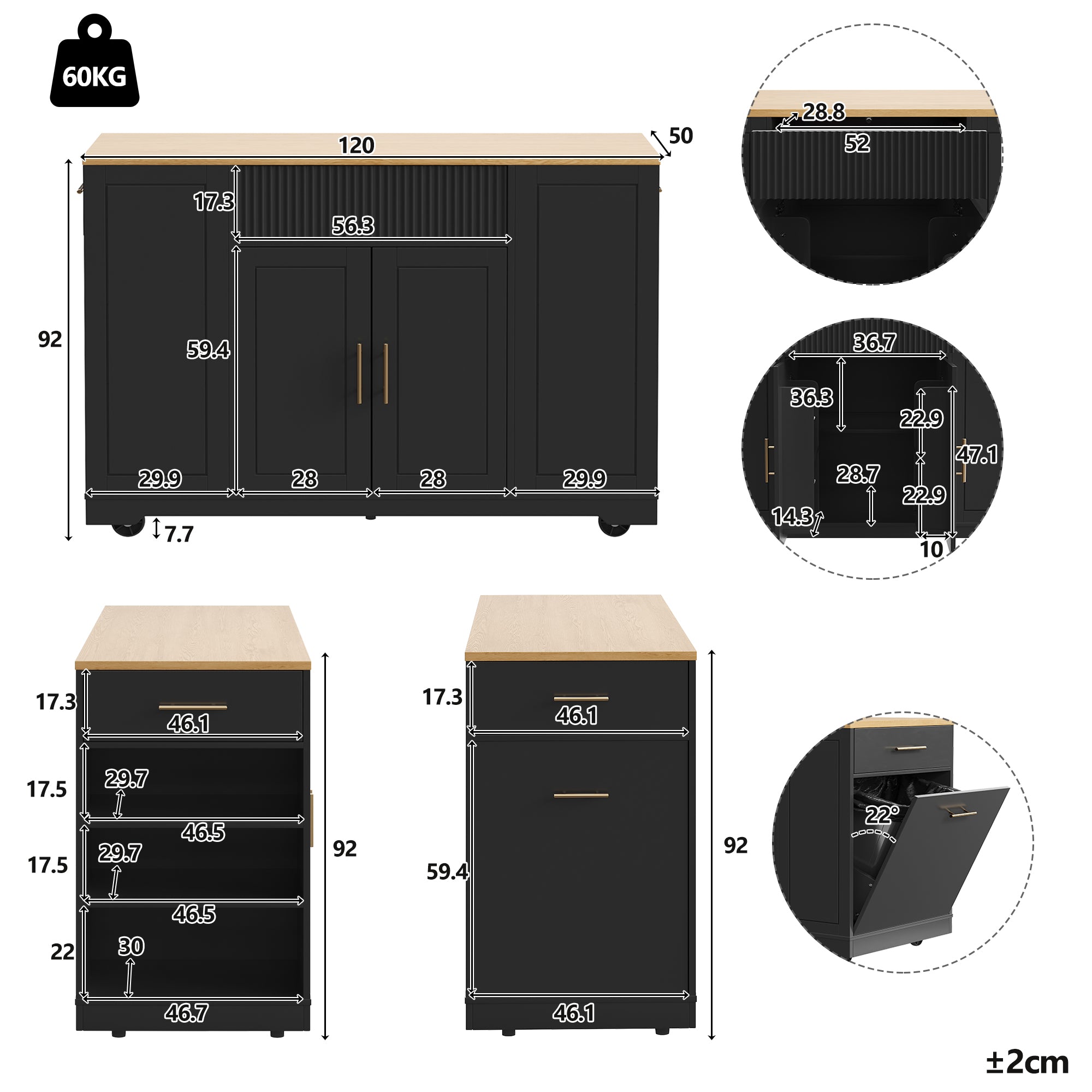 Kitchen Island with Waste Bin Compartment, 2 Doors & 3 Drawers, Black Wood Grain