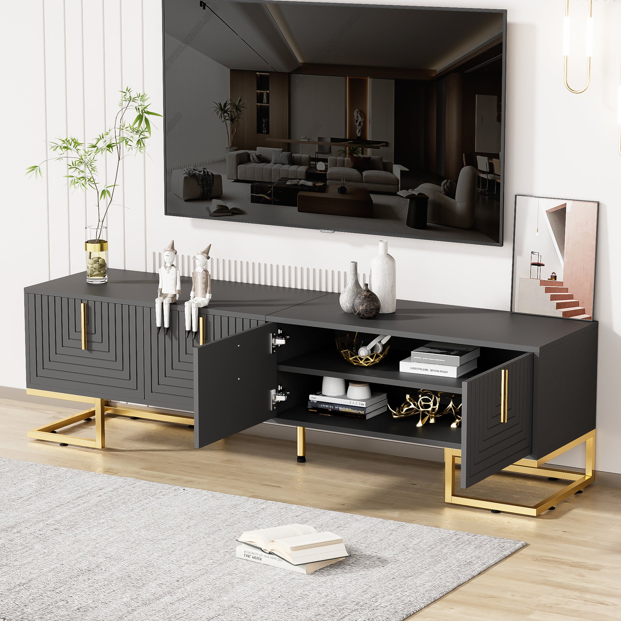 TV Cabinet Lowboard with Textured Door, Gold Handles and Feet