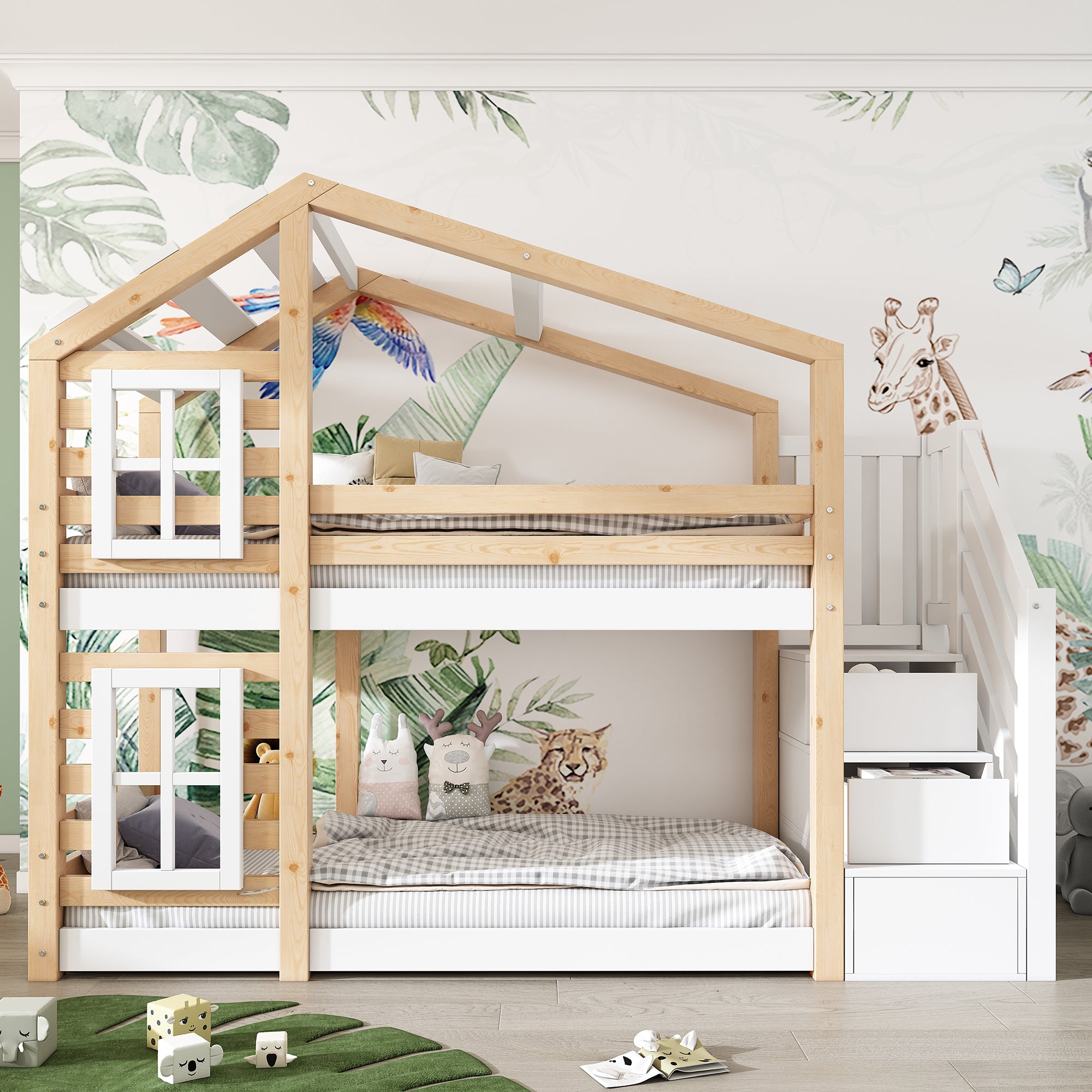 Children's Treehouse Bunk Bed 90x200cm Window Design Storage - Natural & White