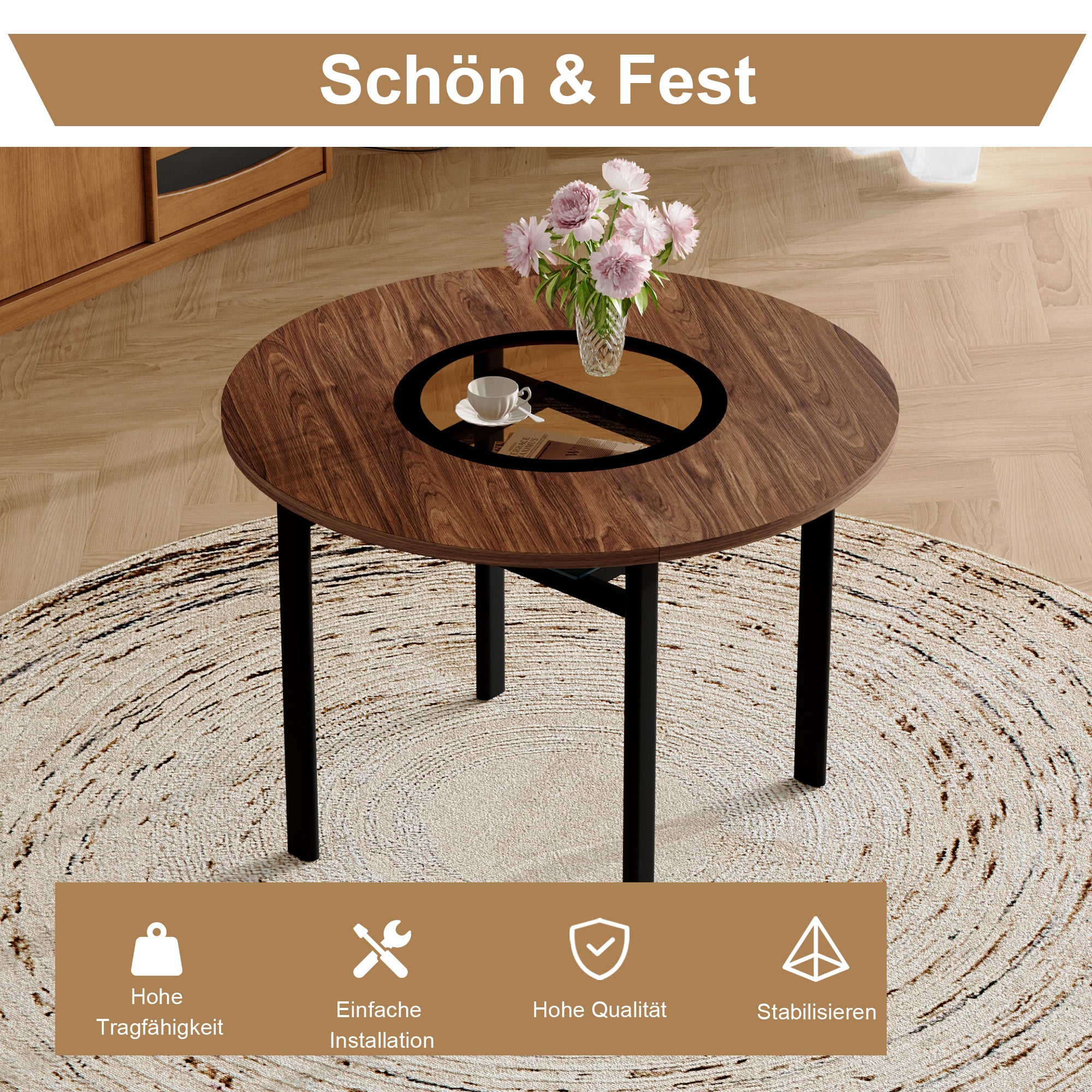 Modern Minimalist Round Table Set, 100cm Diameter, 4 Armchairs, Brown Wood/High-Tech Fabric