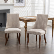 Dining Chairs Channel Upholstered Comfy Fabric Set of 2 with Curved Solid Wood Legs - Rayon Linen Beige