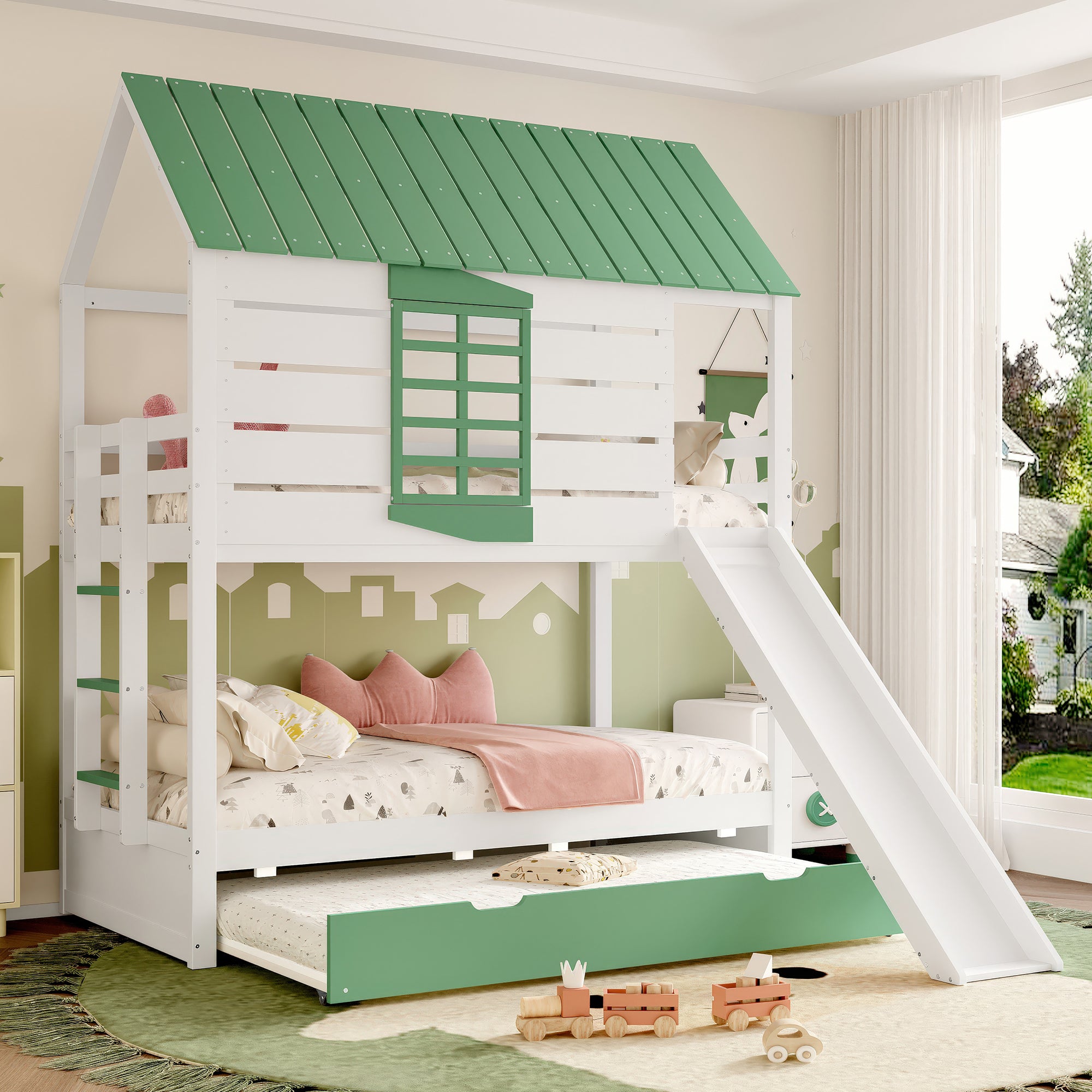 House Bunk Bed, 90X200 with Slide and Pull-Out Bed, White+Green