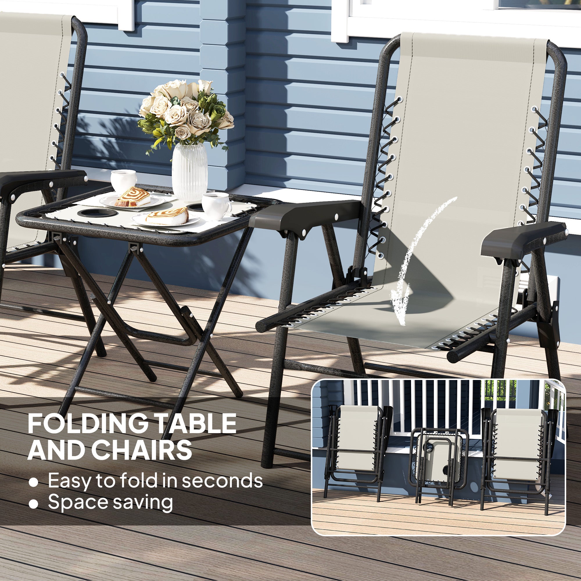 Three-Piece Garden Table and Chair Set, Folding Bistro Mesh-Top, Dark Grey