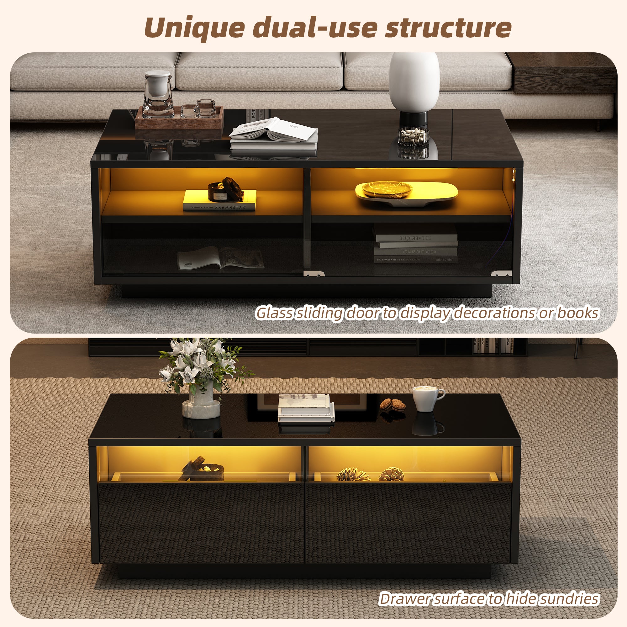 LED Coffee Table with 2 Drawers and Tempered Glass Door, Black High-Gloss