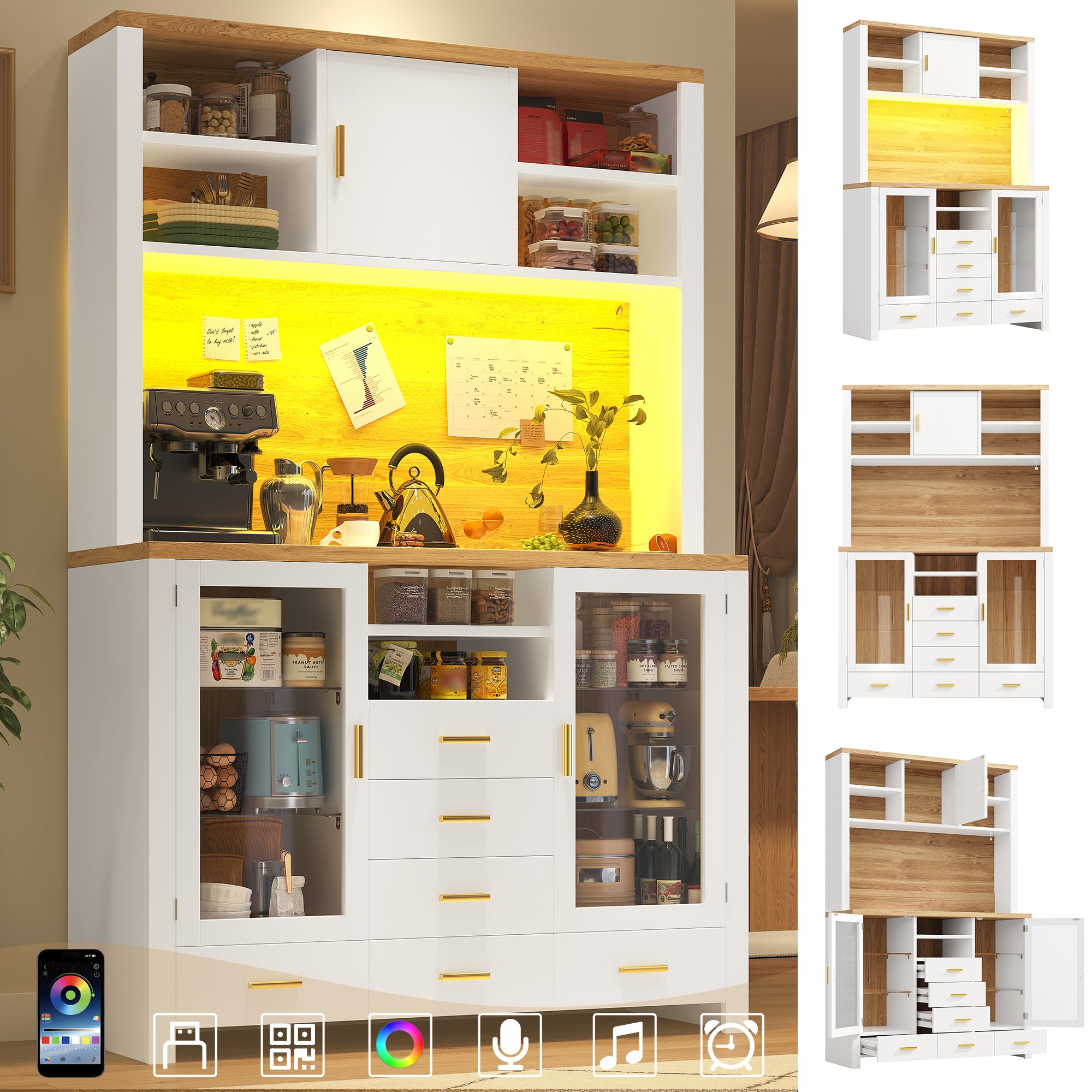 Buffet Sideboard Cabinet with LED Light Strip and Storage Drawers, 120x40x188cm, White and Wood Look